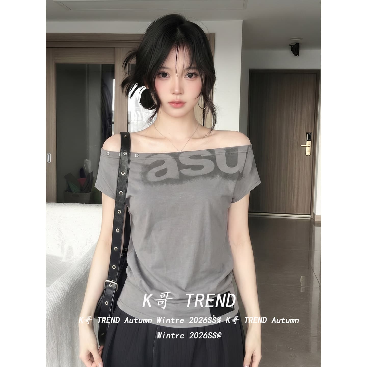 양모 한 부서 회색 오프숄더 반팔 티셔츠 여성 여름 알파벳 프린트 몸매 가꾸기 슬림해 보이는 핫걸 오프숄더 맨위 상세 이미지 1
