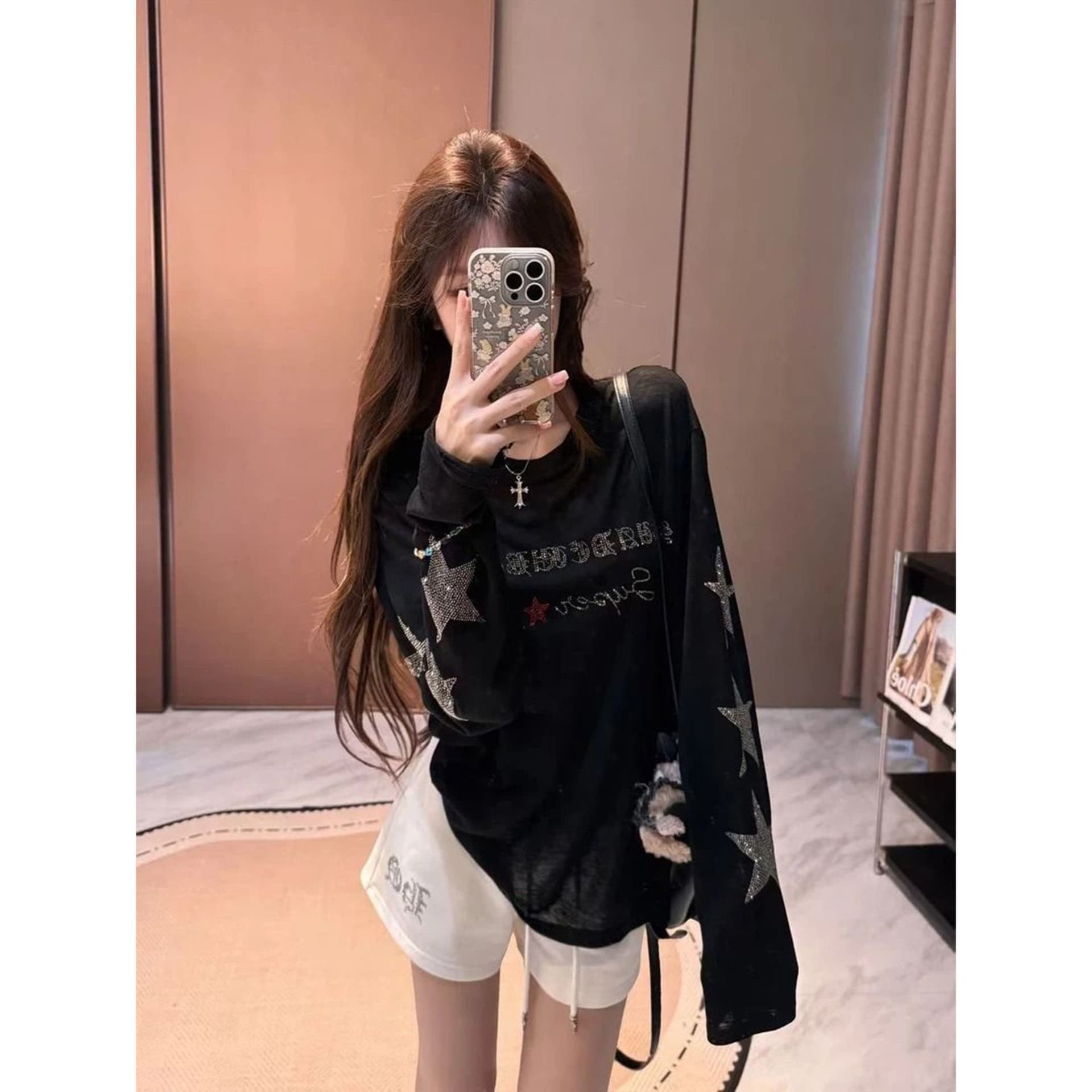 원단 모방 눈꽃 면 핫픽스 이후 패키지 칼라 핫픽스 디자인 센스 통기성 차가운 센스 자외선 차단 의류 여성 티셔츠 여름 이미지 5