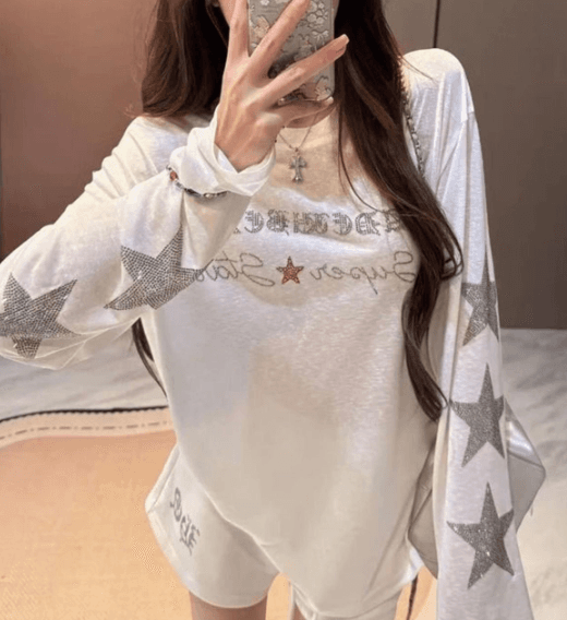 원단 모방 눈꽃 면 핫픽스 이후 패키지 칼라 핫픽스 디자인 센스 통기성 차가운 센스 자외선 차단 의류 여성 티셔츠 여름 상세 이미지 4