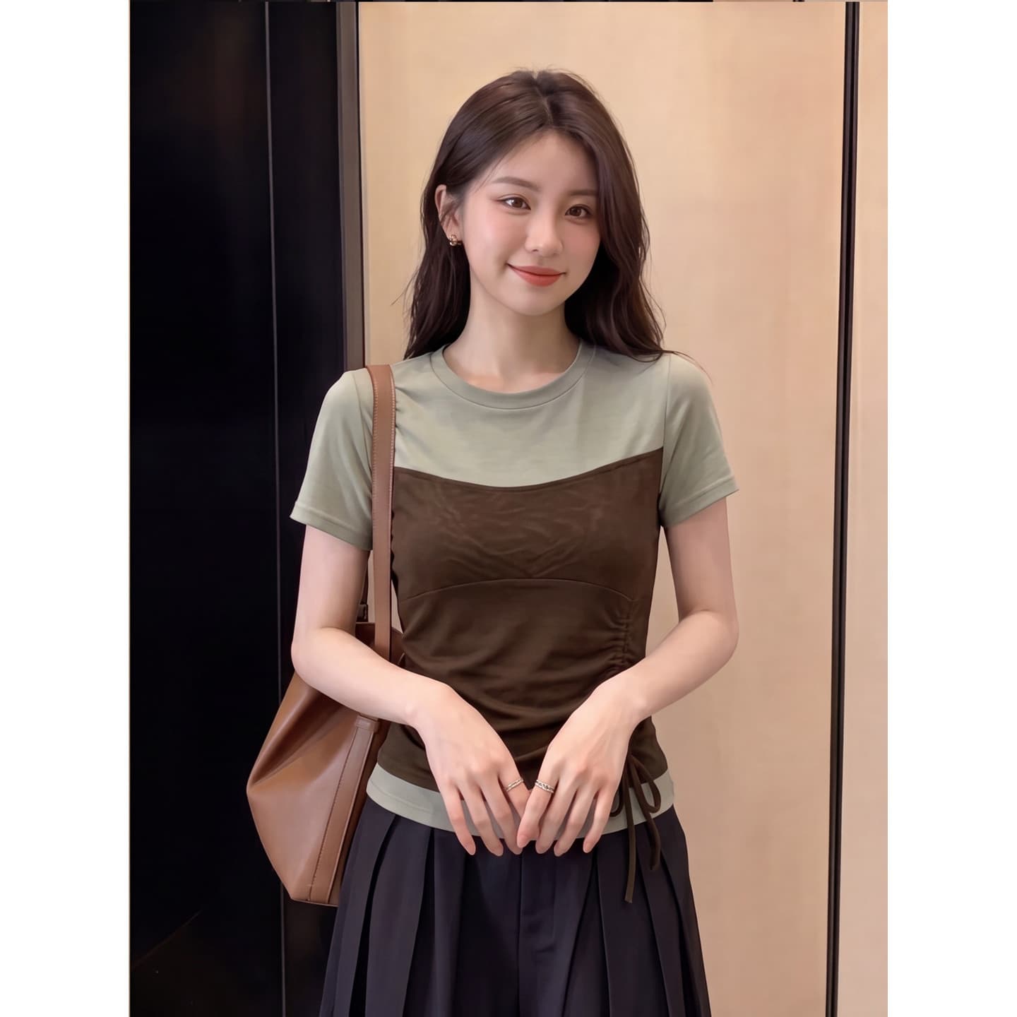 차가운 실크 차가운 면 리브 배색 페이크 레이어드 반팔 티셔츠 여성 아모이 한 부서 허리 수축 외국 가스 연령 감소 맨위 상세 이미지 6