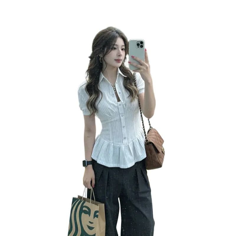 광저우 원본 품질 한 부서 스트라이프 꼬집기 허리 반팔 여성 셔츠 여름 슬림해 보이는 작은 대중 잘 생긴 맨위 이미지 5