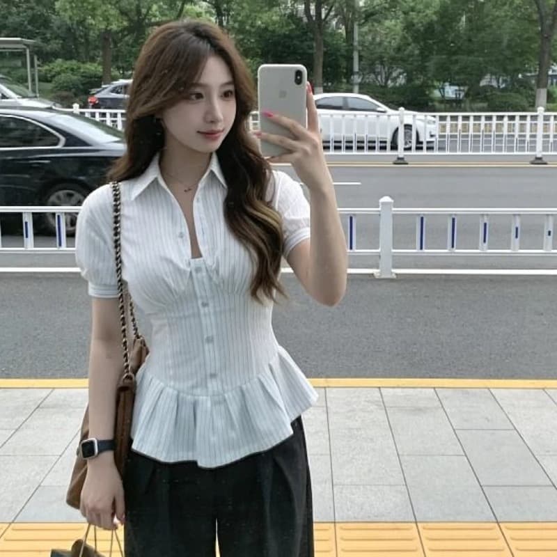 광저우 원본 품질 한 부서 스트라이프 꼬집기 허리 반팔 여성 셔츠 여름 슬림해 보이는 작은 대중 잘 생긴 맨위 이미지 2