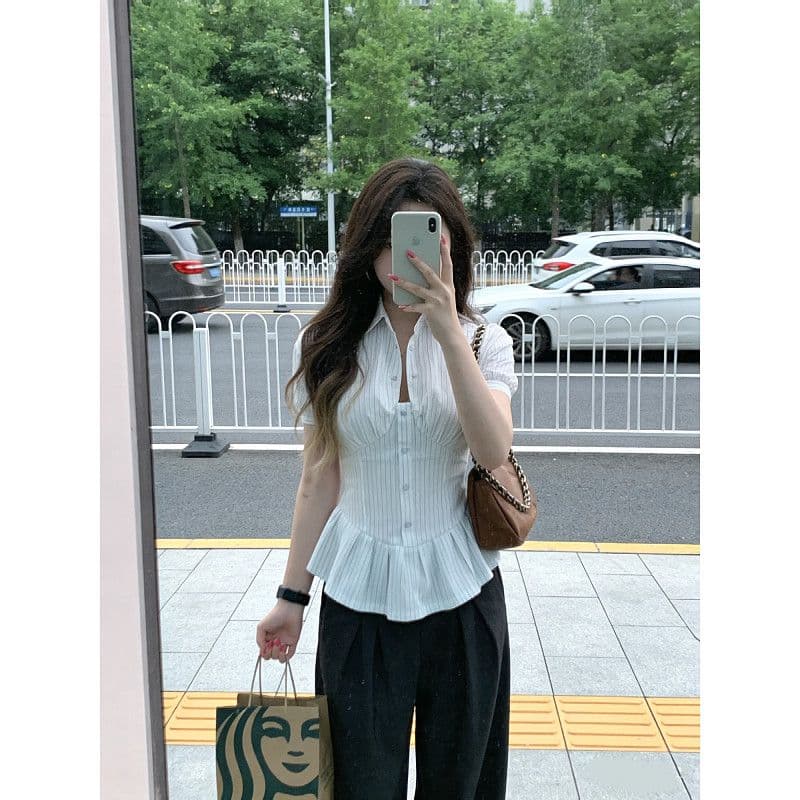 광저우 원본 품질 한 부서 스트라이프 꼬집기 허리 반팔 여성 셔츠 여름 슬림해 보이는 작은 대중 잘 생긴 맨위 상세 이미지 3