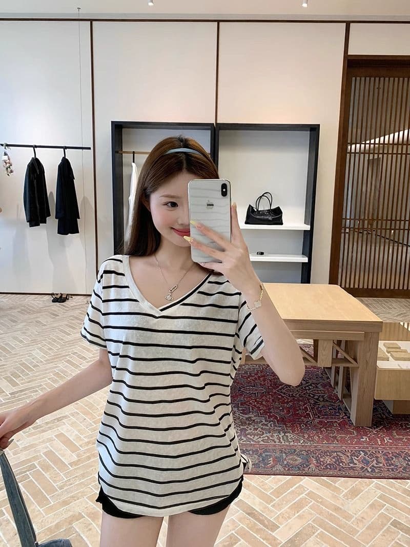 원본 컬러 짜임 기사 흑백 줄무늬 V넥 반팔 티셔츠 여성 여름 느긋한 캐주얼 바람 순수한 욕망 블라우스 맨위 상세 이미지 7