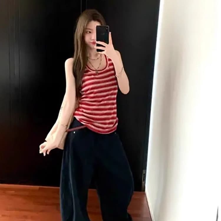 원본 원단 여름 외출용 빨간색 스트라이프 캐미솔 Chic 아름다운 인사이드 가져 가라. 항구 바람 민소매 맨위 이미지 3