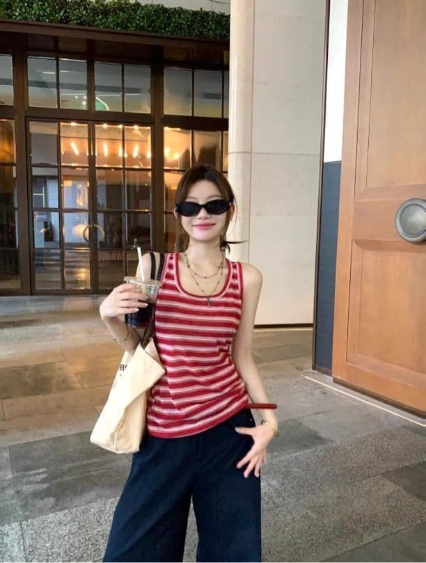 원본 원단 여름 외출용 빨간색 스트라이프 캐미솔 Chic 아름다운 인사이드 가져 가라. 항구 바람 민소매 맨위 상세 이미지 3