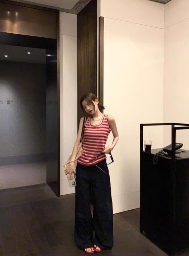 원본 원단 여름 외출용 빨간색 스트라이프 캐미솔 Chic 아름다운 인사이드 가져 가라. 항구 바람 민소매 맨위 상세 이미지 10