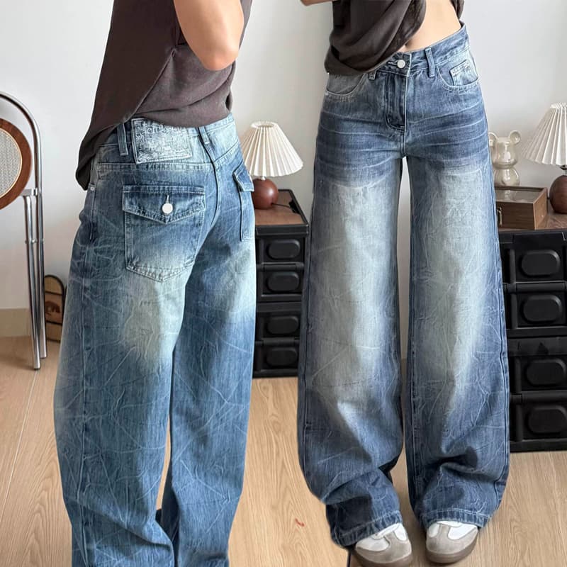 느긋한 바람 개성 중성 상표 패치 스트레이트 청바지 여성 루즈핏 슬림해 보이는 스트레이트 바닥 청소 청바지 트렌디