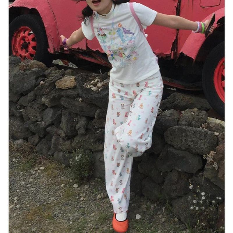 느긋한 바람 출퇴근 캐주얼 작은 동물 와 나비 매듭 프린트 넓은 다리 청바지 여성 봄 가을 스트레이트 청바지 이미지 4