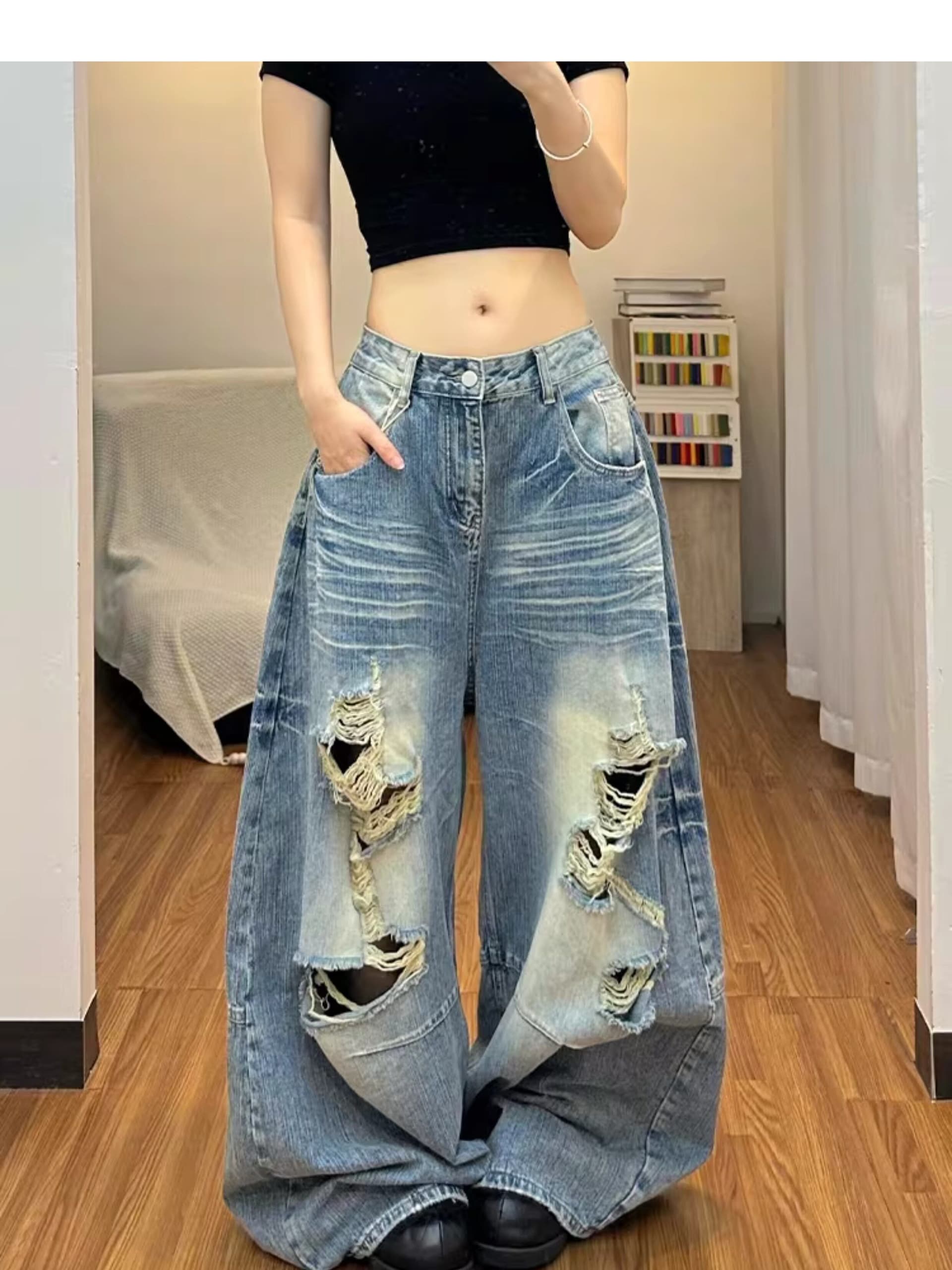하라주쿠 스타일 ins 트렌디 찢어진 부분 모통이 칼 넓은 다리 청바지 여성 봄 가을 새로운 루즈핏 넓은 다리 바닥 청소 청바지 상세 이미지 4