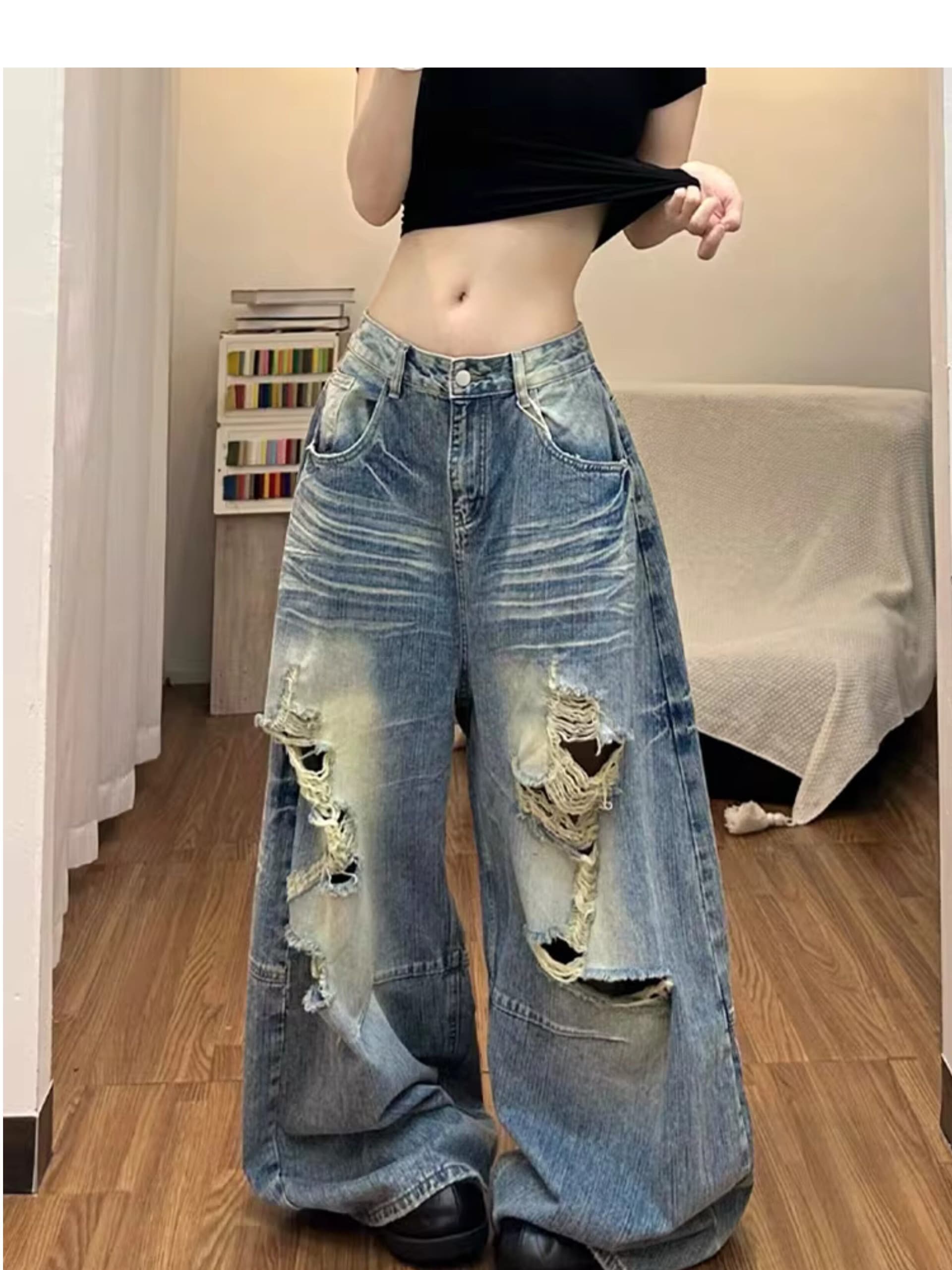 하라주쿠 스타일 ins 트렌디 찢어진 부분 모통이 칼 넓은 다리 청바지 여성 봄 가을 새로운 루즈핏 넓은 다리 바닥 청소 청바지 상세 이미지 6