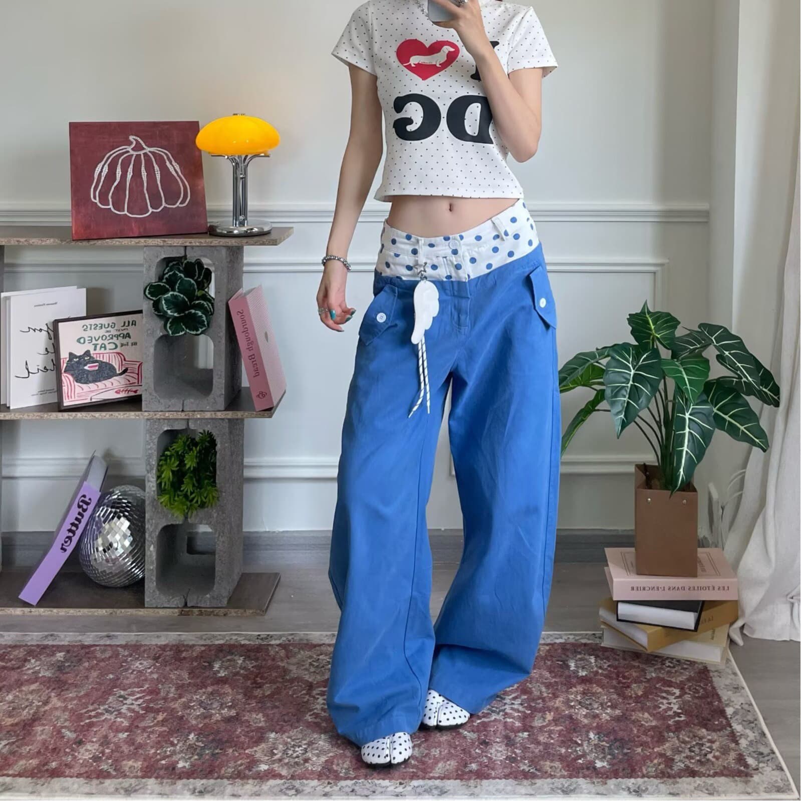 벨트 펜던트 아메리칸 도트 무늬 더블 허리 머리 디자인 패치워크 워크웨어 루즈핏 다용도 학원 스타일 모통이 칼 와이드 레그 팬츠