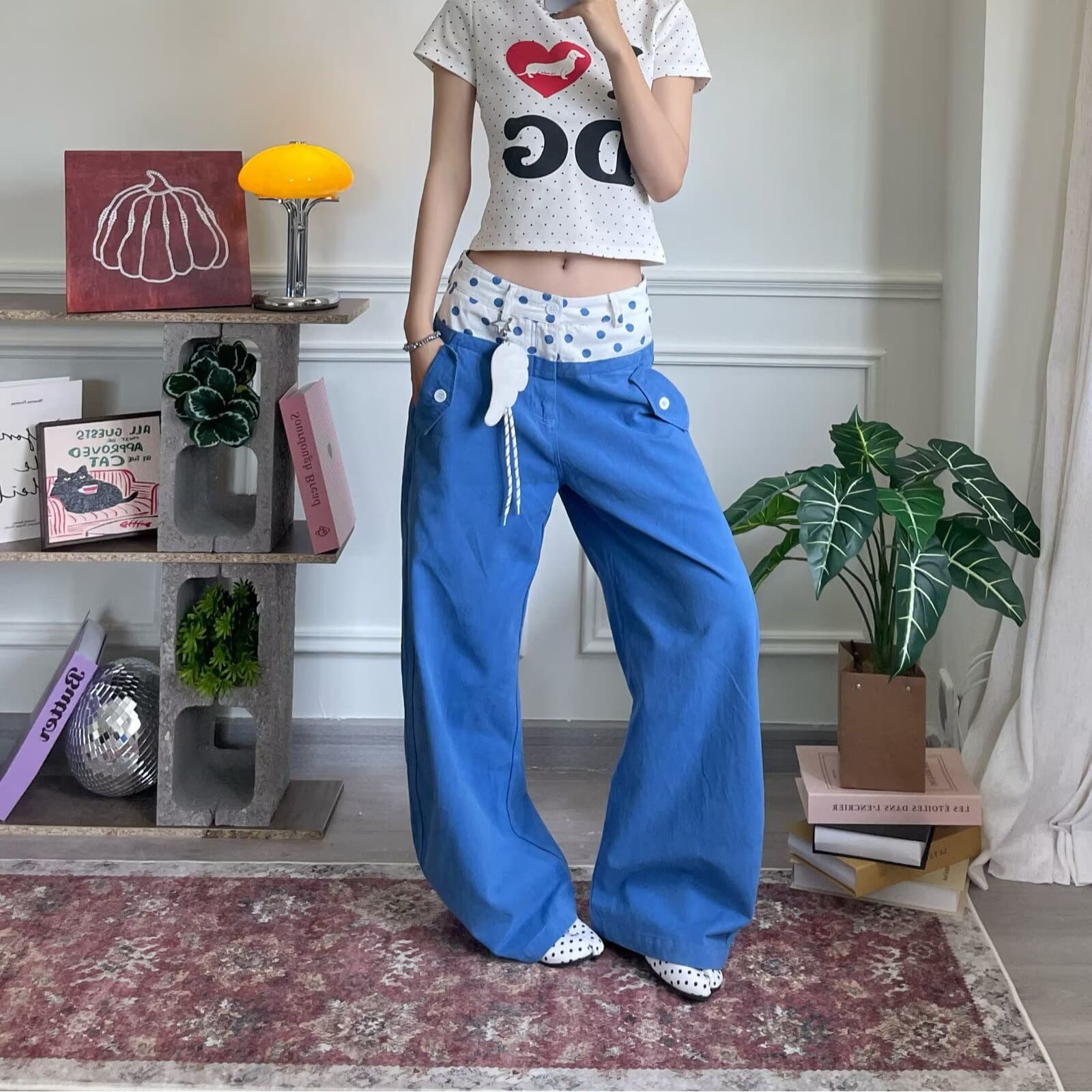벨트 펜던트 아메리칸 도트 무늬 더블 허리 머리 디자인 패치워크 워크웨어 루즈핏 다용도 학원 스타일 모통이 칼 와이드 레그 팬츠 이미지 4