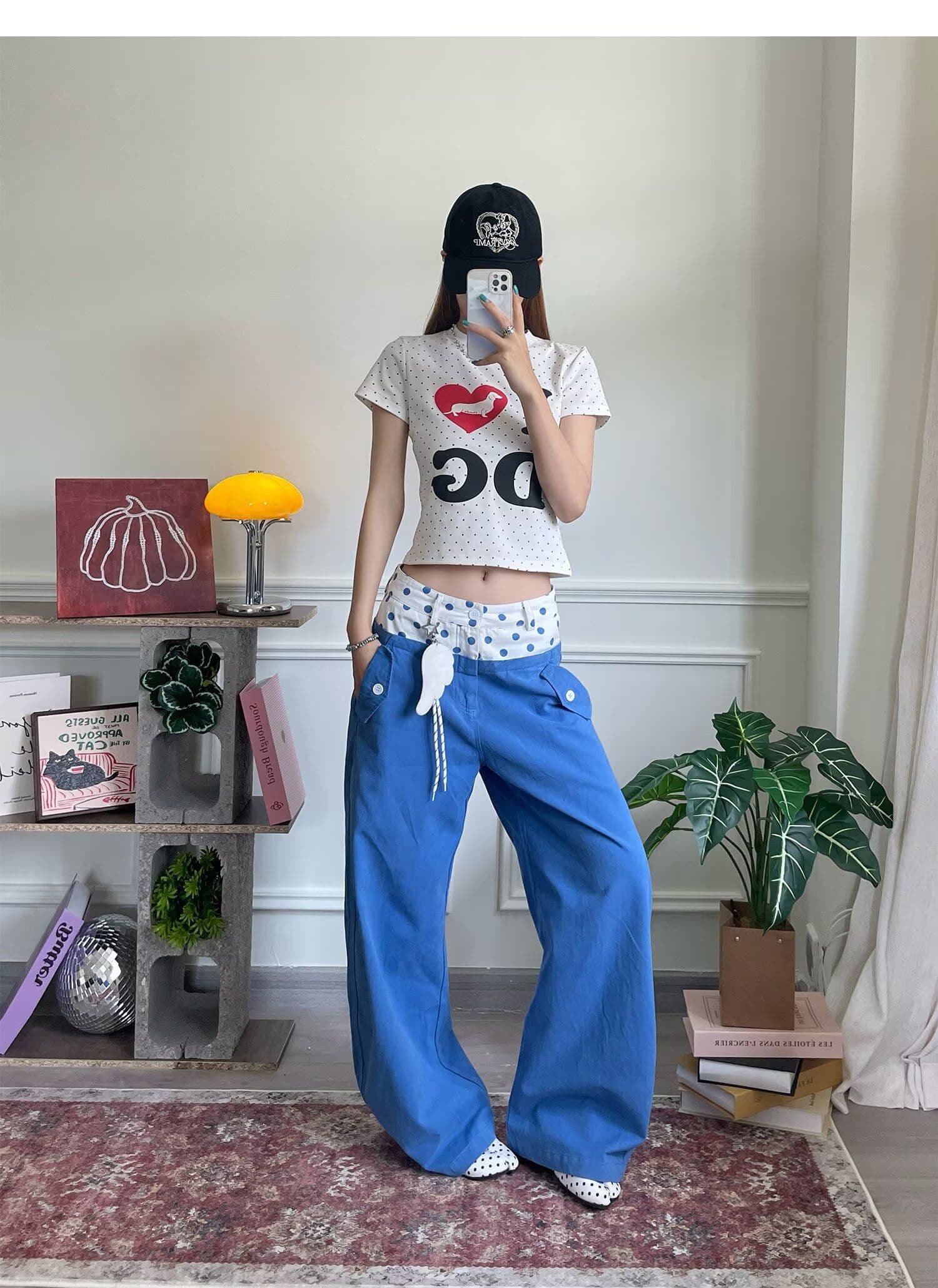 벨트 펜던트 아메리칸 도트 무늬 더블 허리 머리 디자인 패치워크 워크웨어 루즈핏 다용도 학원 스타일 모통이 칼 와이드 레그 팬츠 상세 이미지 6