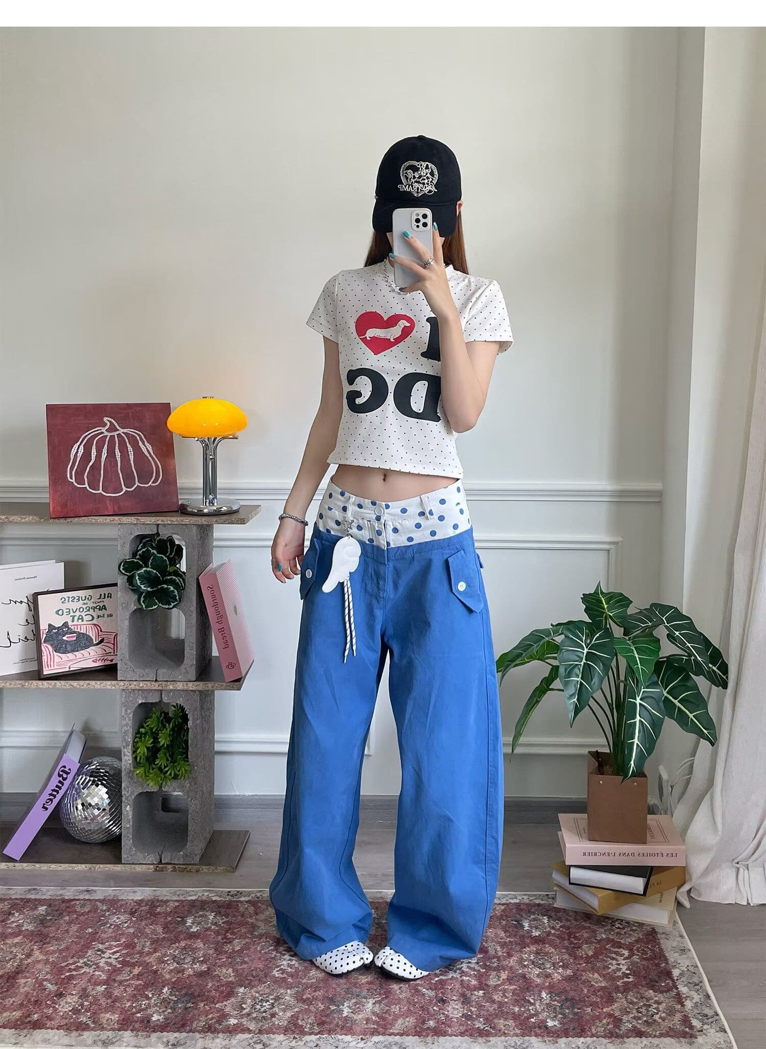 벨트 펜던트 아메리칸 도트 무늬 더블 허리 머리 디자인 패치워크 워크웨어 루즈핏 다용도 학원 스타일 모통이 칼 와이드 레그 팬츠 상세 이미지 7