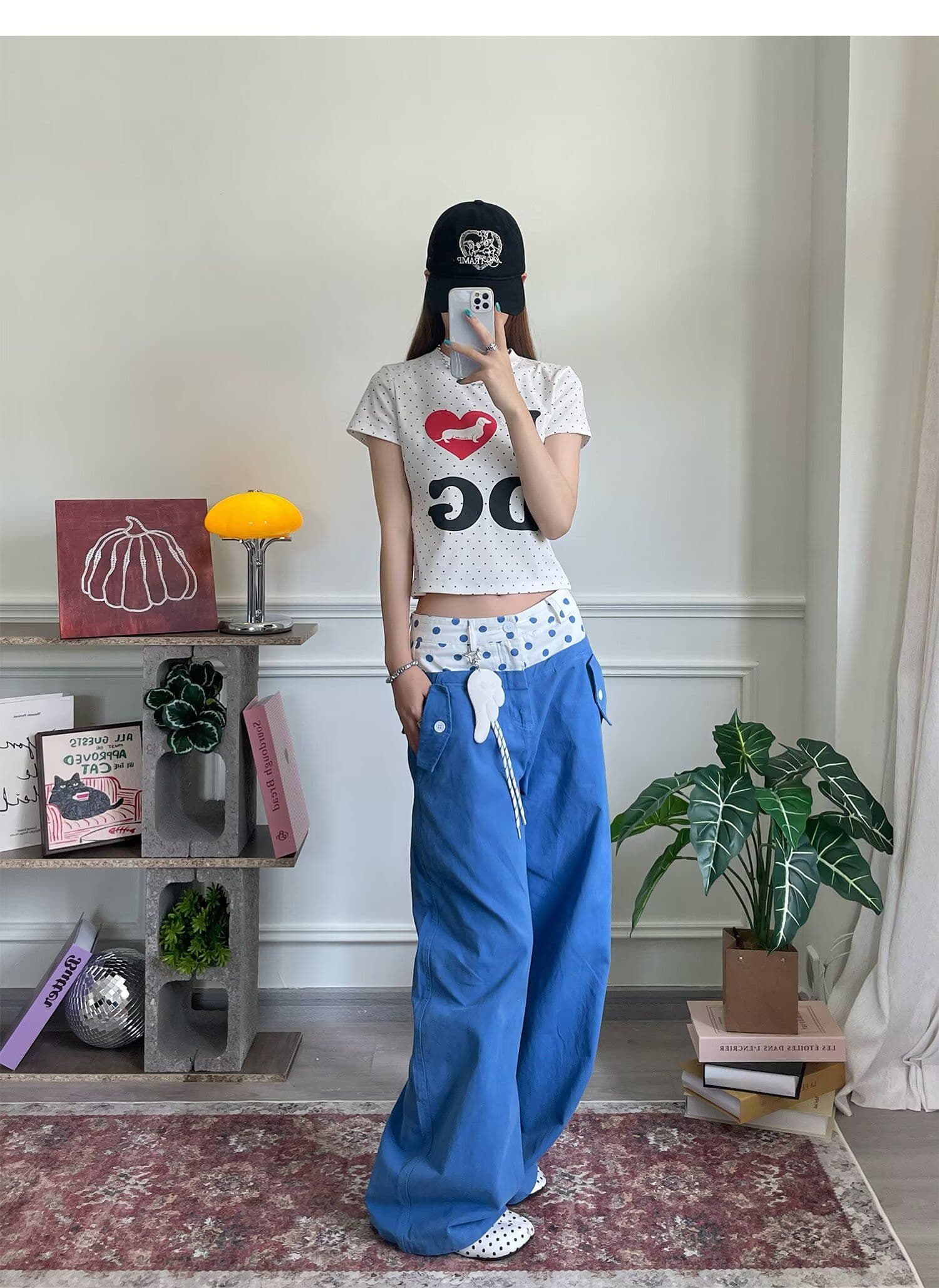 벨트 펜던트 아메리칸 도트 무늬 더블 허리 머리 디자인 패치워크 워크웨어 루즈핏 다용도 학원 스타일 모통이 칼 와이드 레그 팬츠 상세 이미지 8
