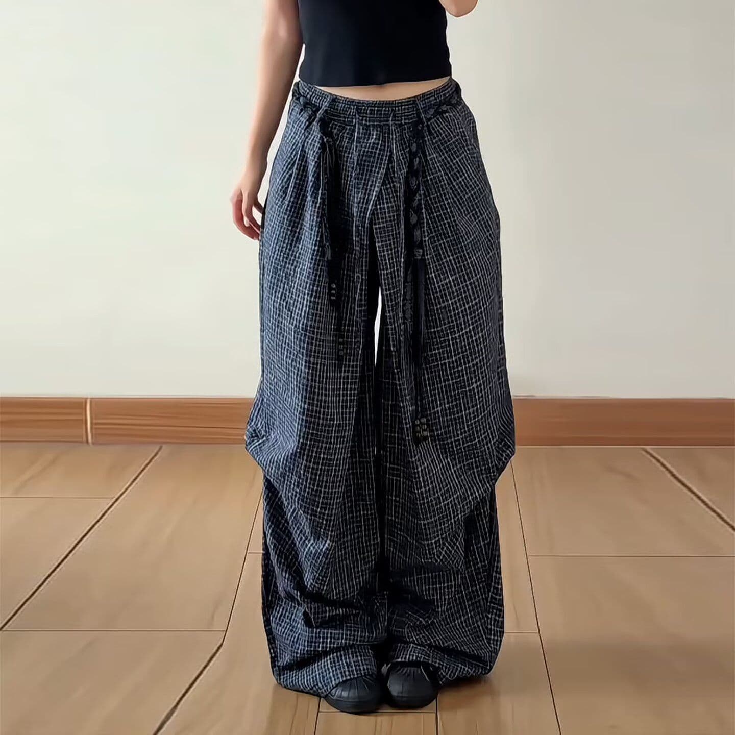 경기 로프 원본 포밍 체크무늬 주름 트렌드 가을 비스듬한 스트라이프 은사 넓은 다리 캐주얼 바지 조수 브랜드 이미지 4