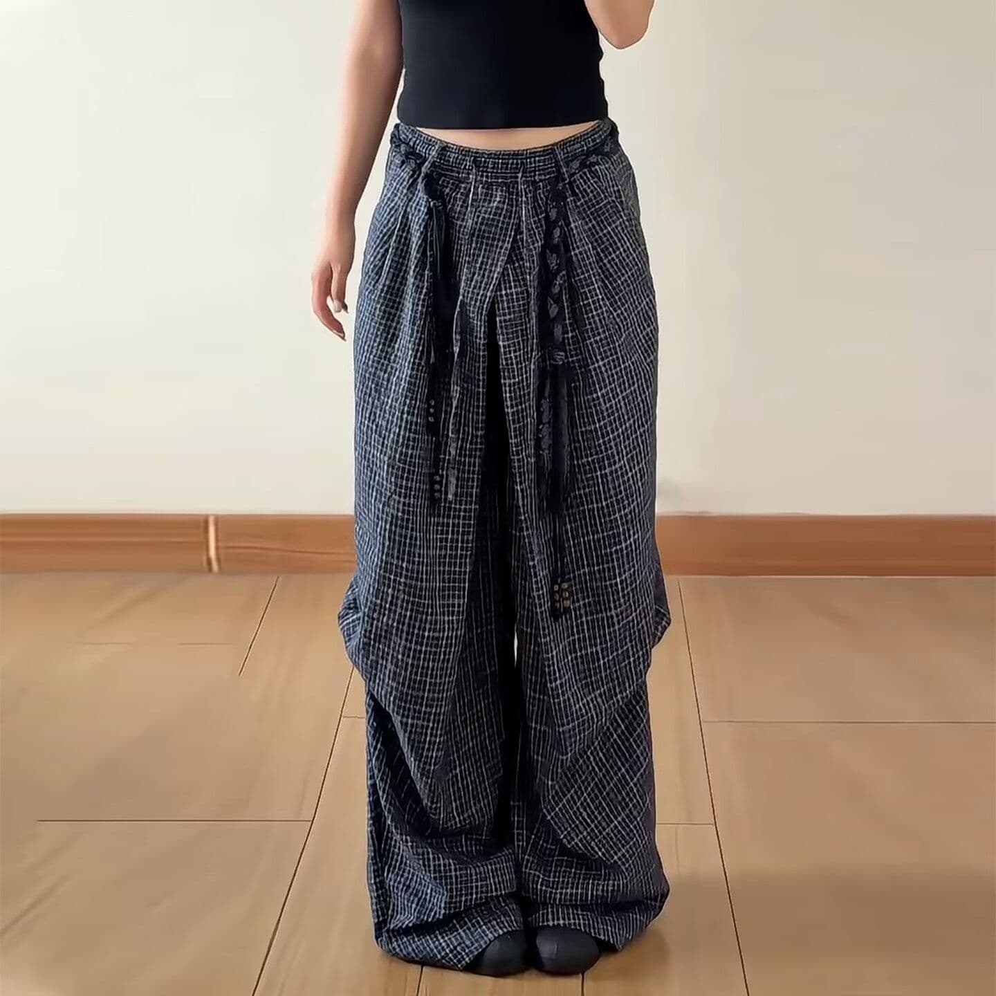 경기 로프 원본 포밍 체크무늬 주름 트렌드 가을 비스듬한 스트라이프 은사 넓은 다리 캐주얼 바지 조수 브랜드 상세 이미지 6