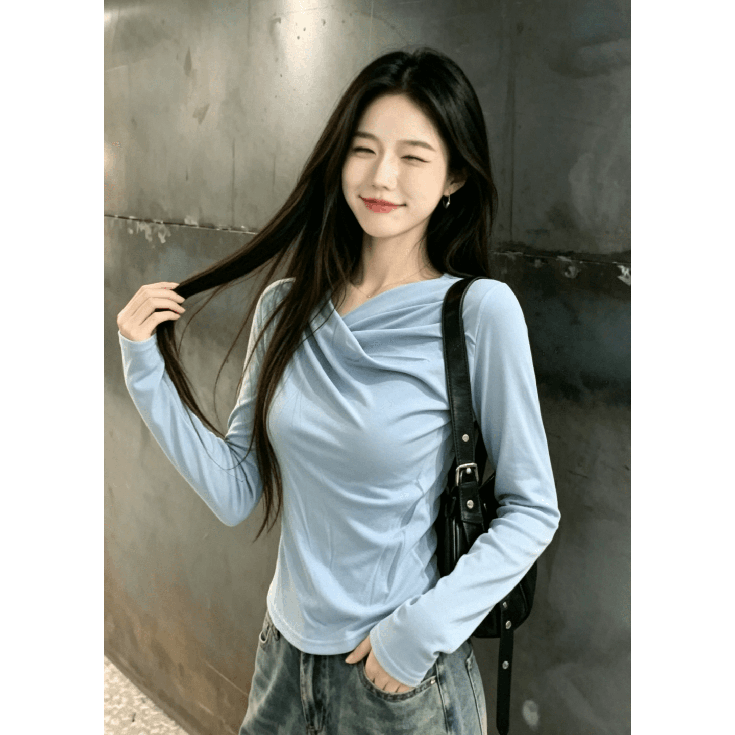 와 사고 방식 모달 260 그램 1 1 작은 대중 Chic 트위스트 Pleat 비스듬한 칼라 슬림해 보이는 긴팔 맨위