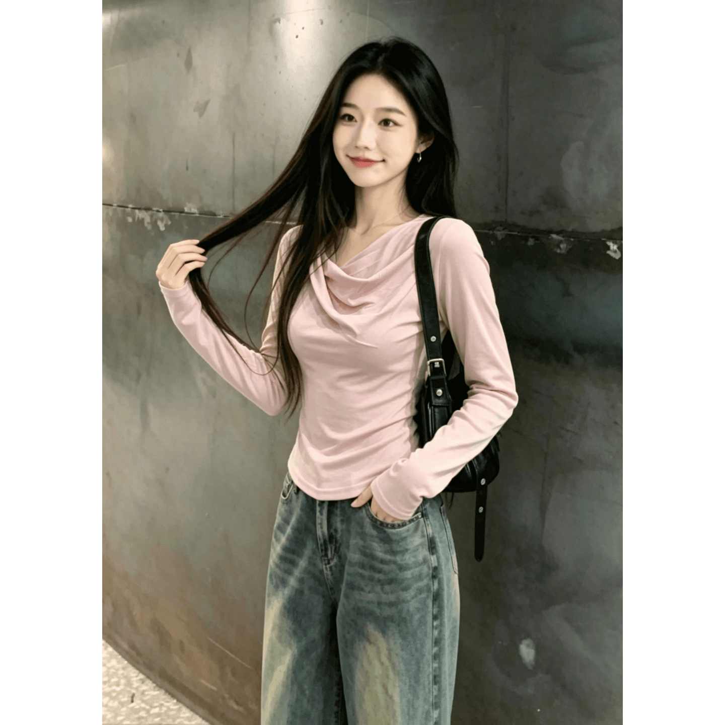 와 사고 방식 모달 260 그램 1 1 작은 대중 Chic 트위스트 Pleat 비스듬한 칼라 슬림해 보이는 긴팔 맨위 상세 이미지 6
