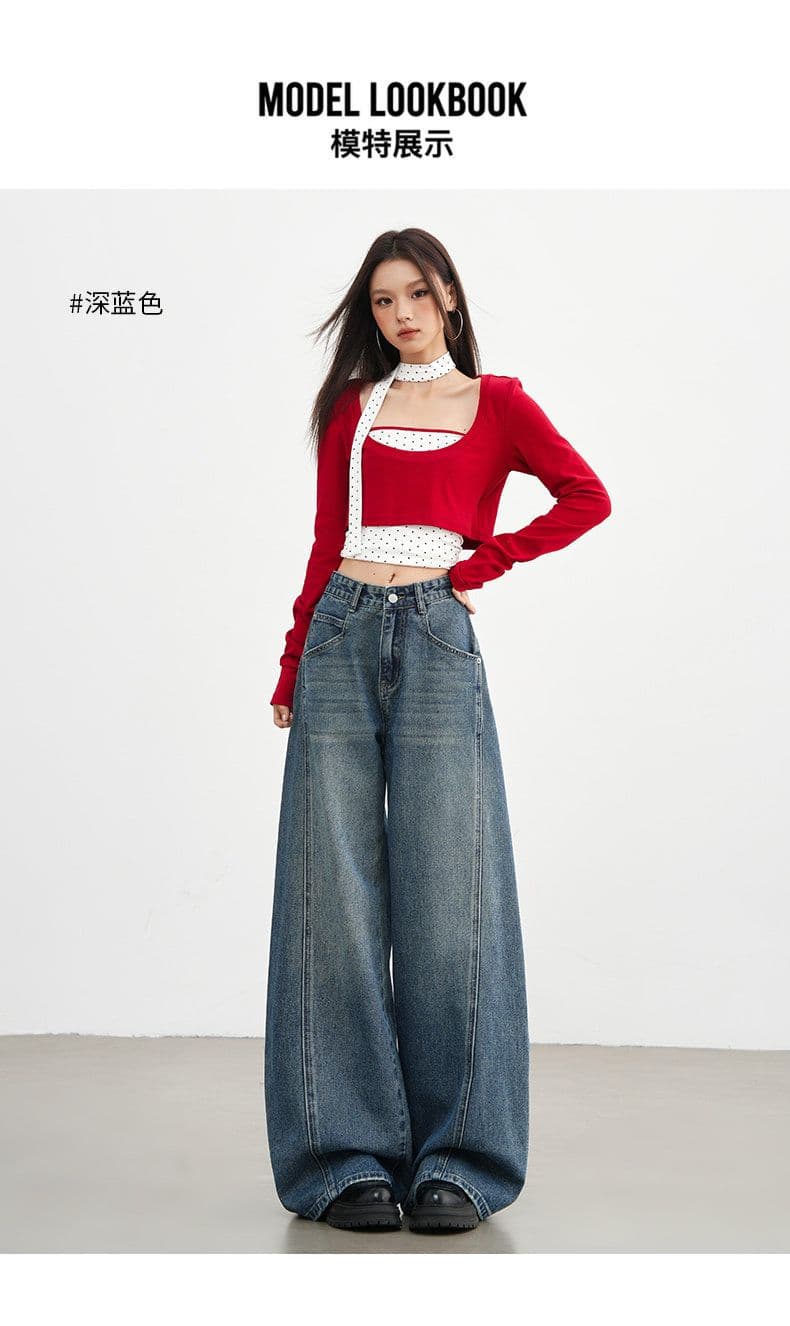 레트로 블루 넓은 다리 스트레이트 청바지 여성 봄과 가을 하이웨이스트 루즈핏 디스플레이 높음 슬림해 보이는 표지 고기 배 종류 몸 바지 상세 이미지 8