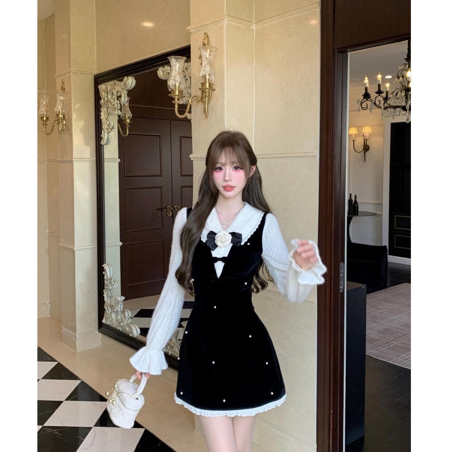 프랑스식 그는 벤 바람 페이크 레이어드 V넥 여성 드레스 겨울 고급 센스 품격 달콤함 다이아몬드 세팅 벨벳 한 마디 치마 이미지 3