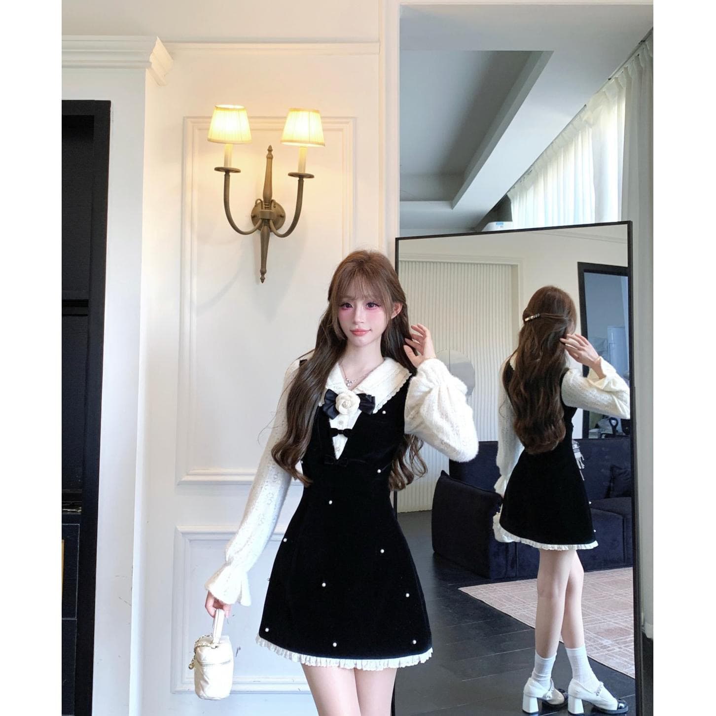프랑스식 그는 벤 바람 페이크 레이어드 V넥 여성 드레스 겨울 고급 센스 품격 달콤함 다이아몬드 세팅 벨벳 한 마디 치마 이미지 2