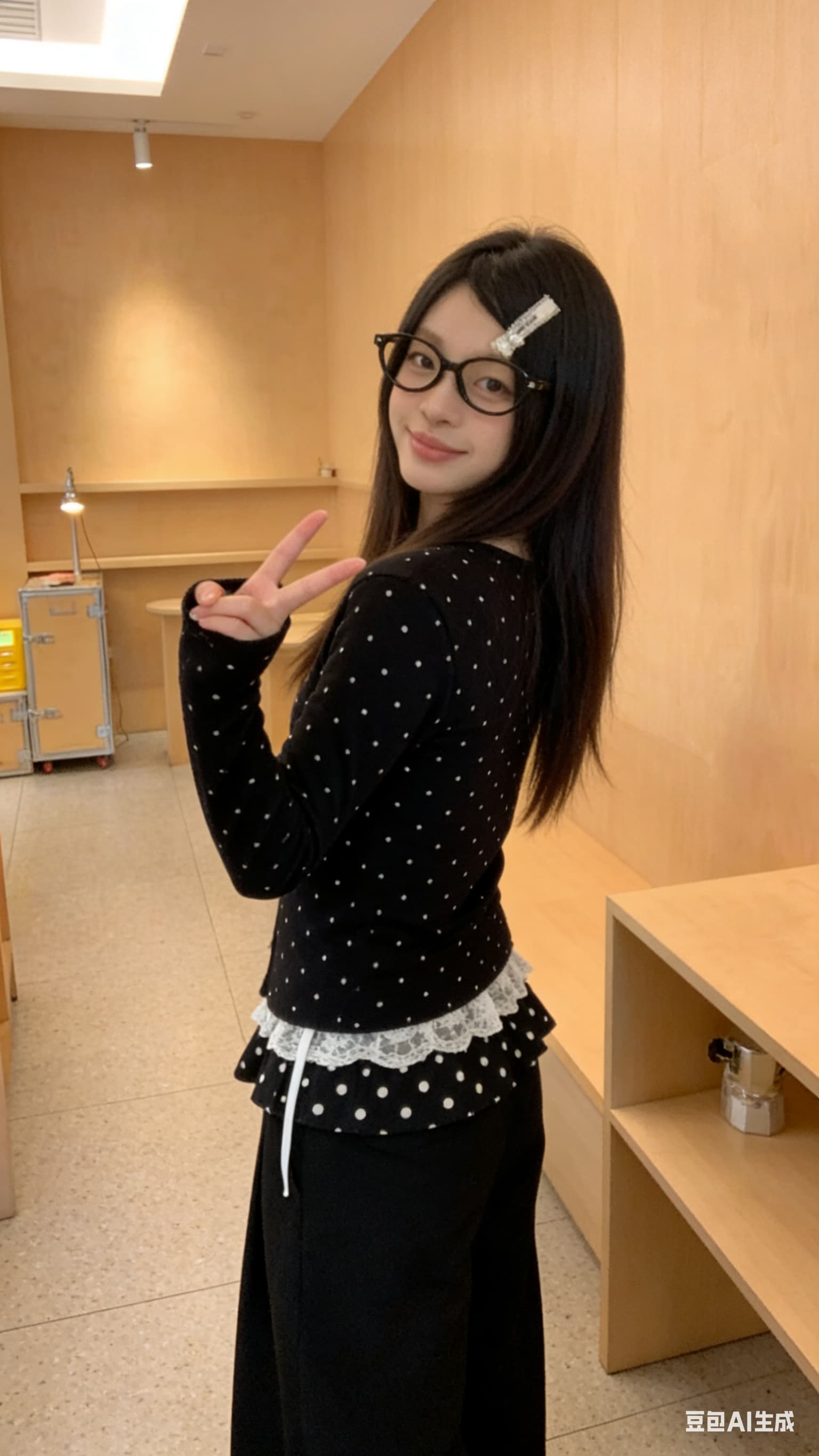 도트 무늬 철자 레이스 맨위 플러스 긴 바지 세트 이미지 3
