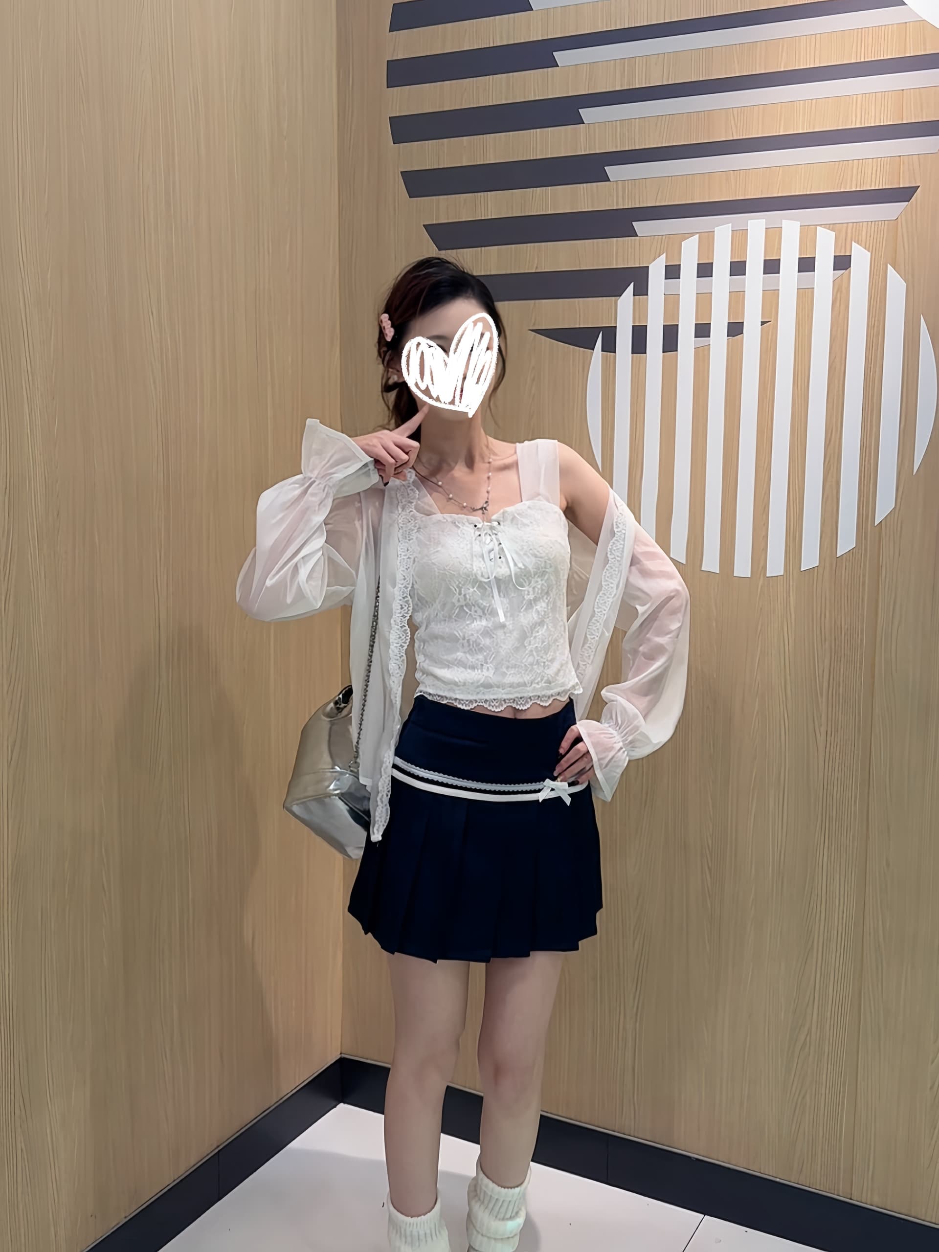 화이트 레이스 슬립 쉬폰 자외선 차단 오픈 가디건 해군 플리츠 미니 스커트 3종 세트 이미지 3