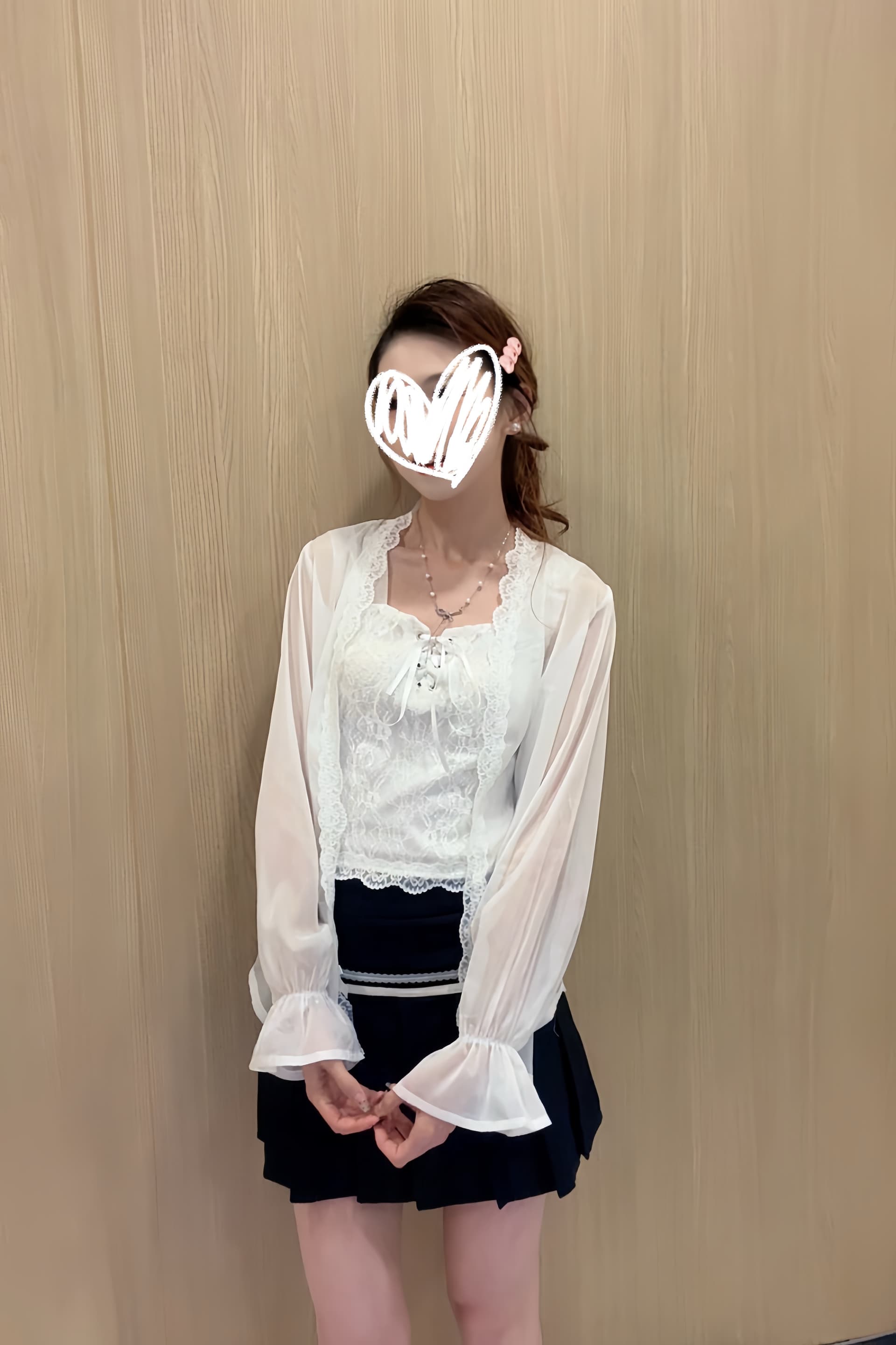 화이트 레이스 슬립 쉬폰 자외선 차단 오픈 가디건 해군 플리츠 미니 스커트 3종 세트 이미지 5