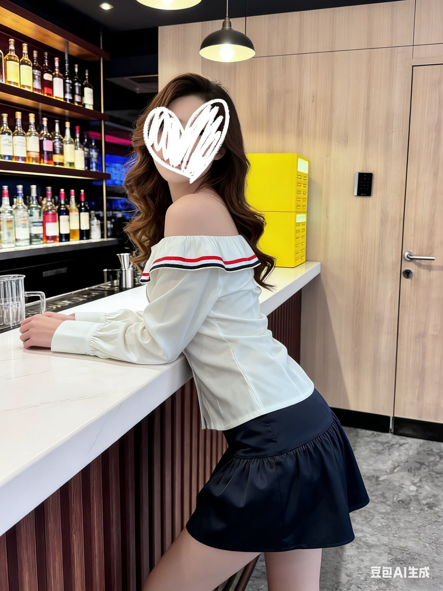 오프숄더 스트라이프 셔츠 해군 미니 스커트 ~ 중 세트 이미지 2
