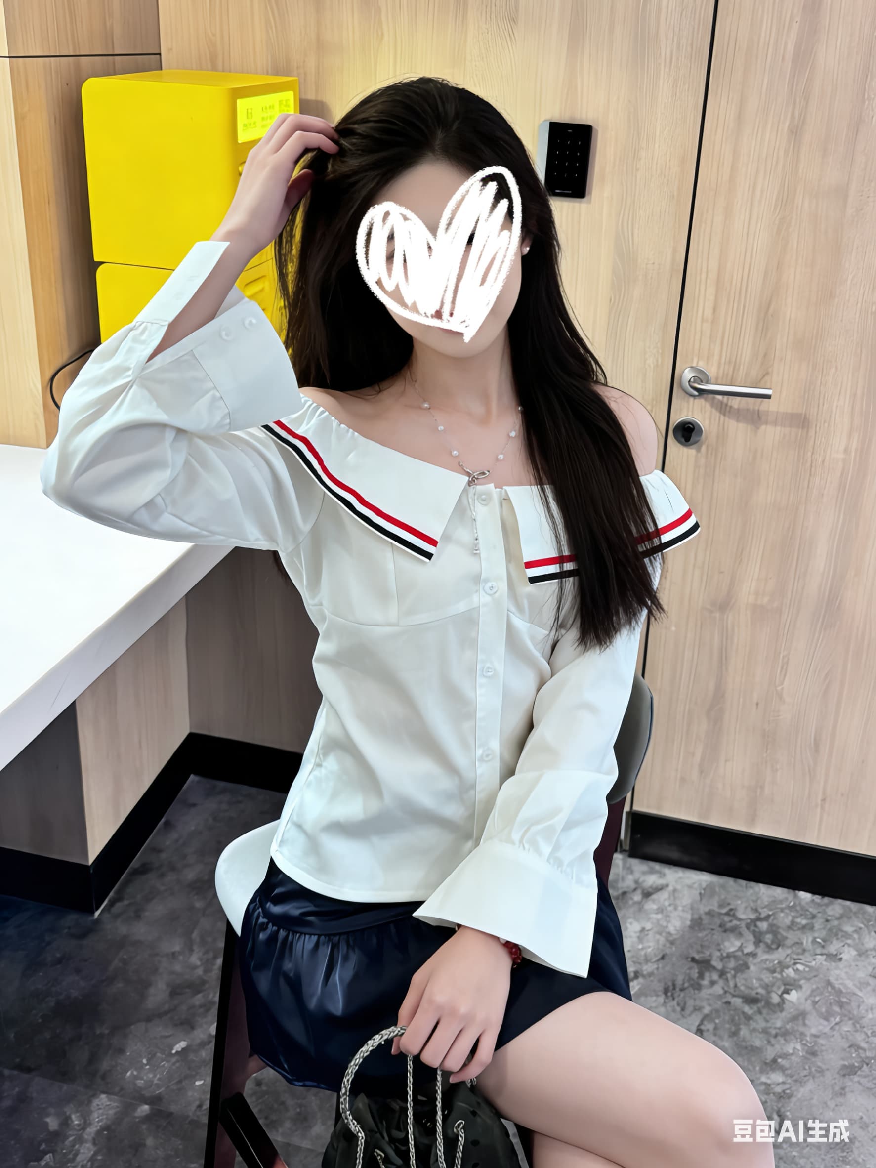 오프숄더 스트라이프 셔츠 해군 미니 스커트 ~ 중 세트 이미지 3
