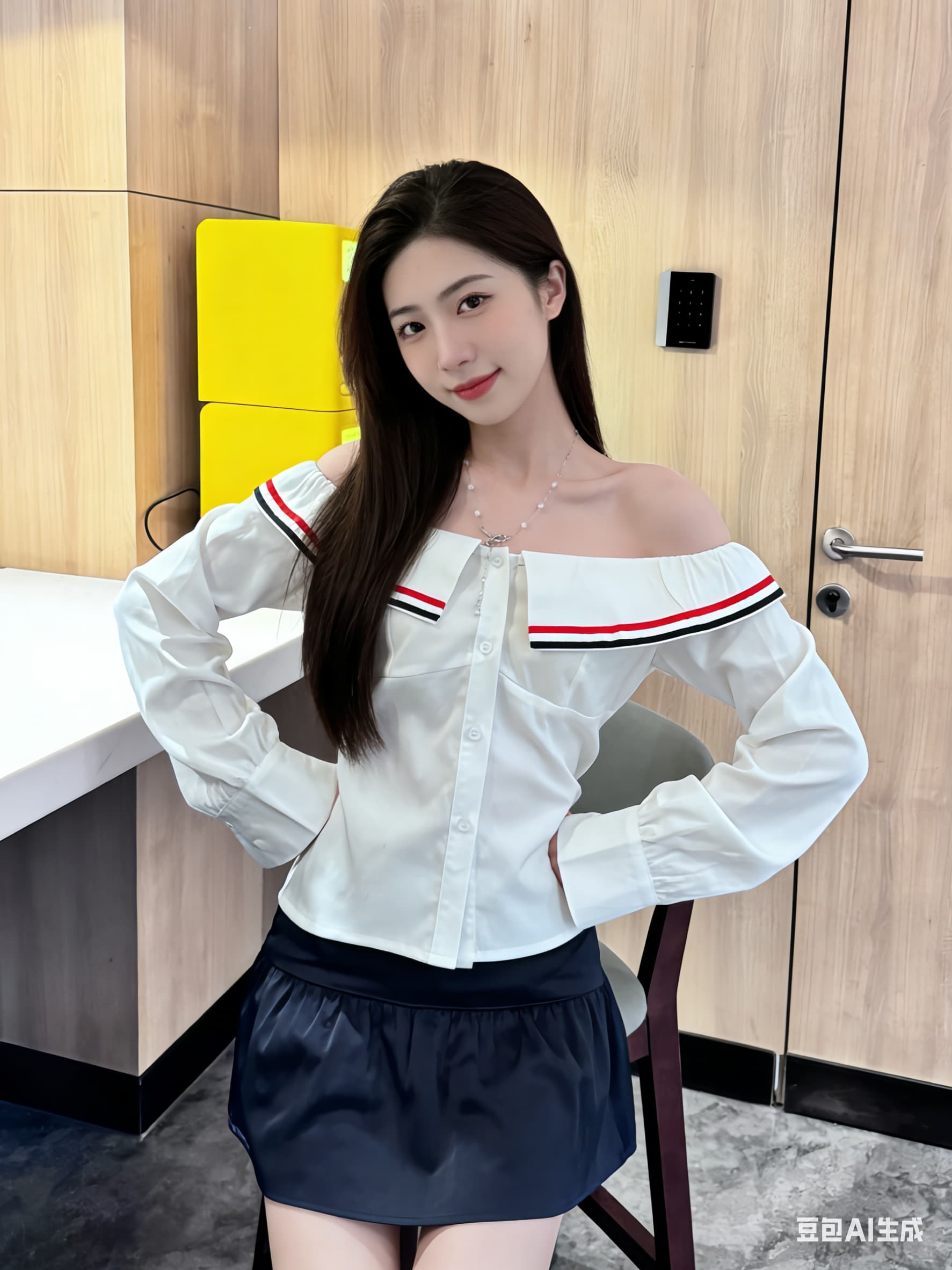 오프숄더 스트라이프 셔츠 해군 미니 스커트 ~ 중 세트 이미지 4