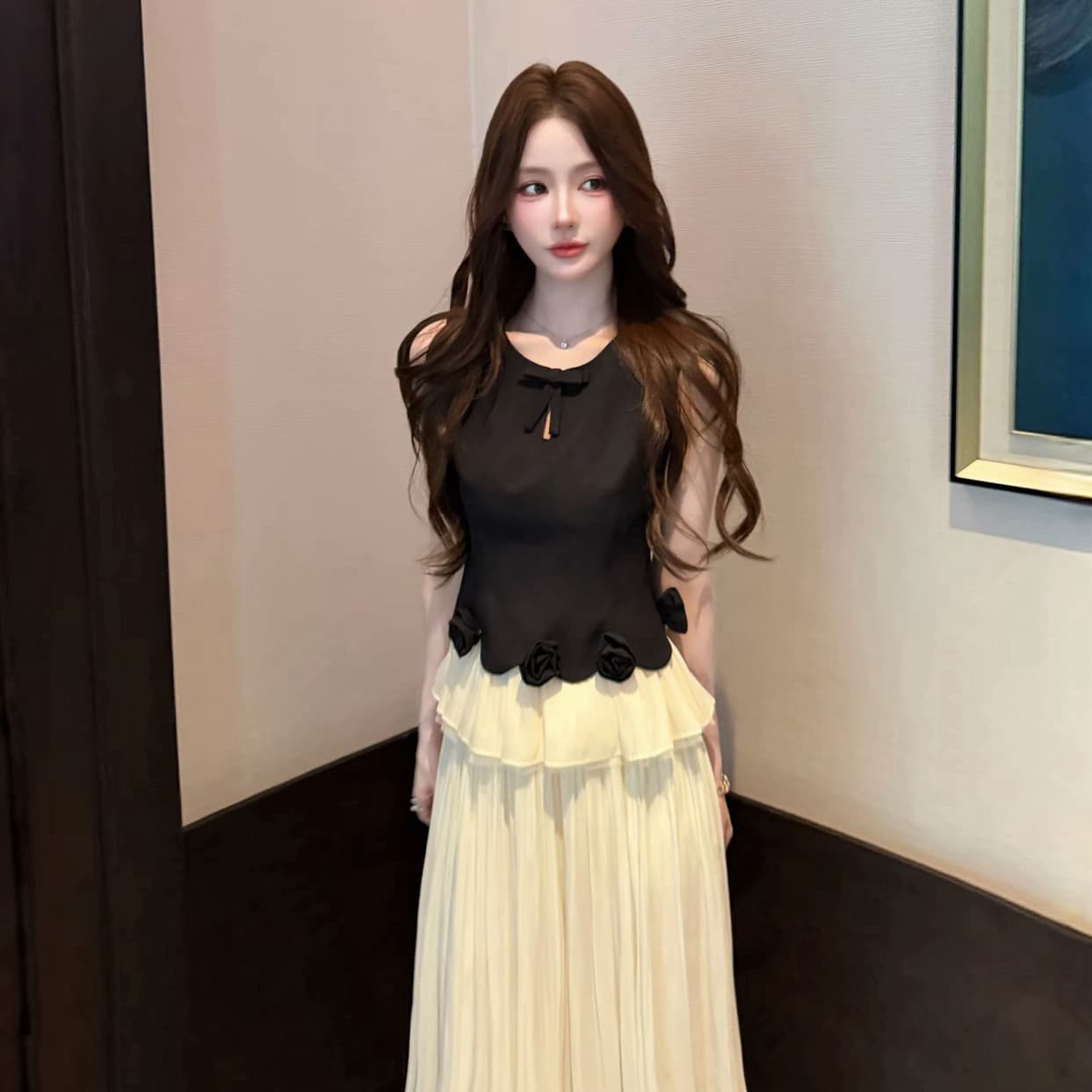 소녀 마음 천 금빛 바람 디자인 센스 민소매 맨위 공단 빛 캐주얼 바지 세트 이미지 3