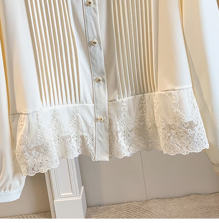 재고 있음 실사 스탠드 칼라 셔츠 여성 의류 2026 봄 새로운 긴팔 셔츠 레이스 조각 프랑스식 맨위 상세 이미지 12