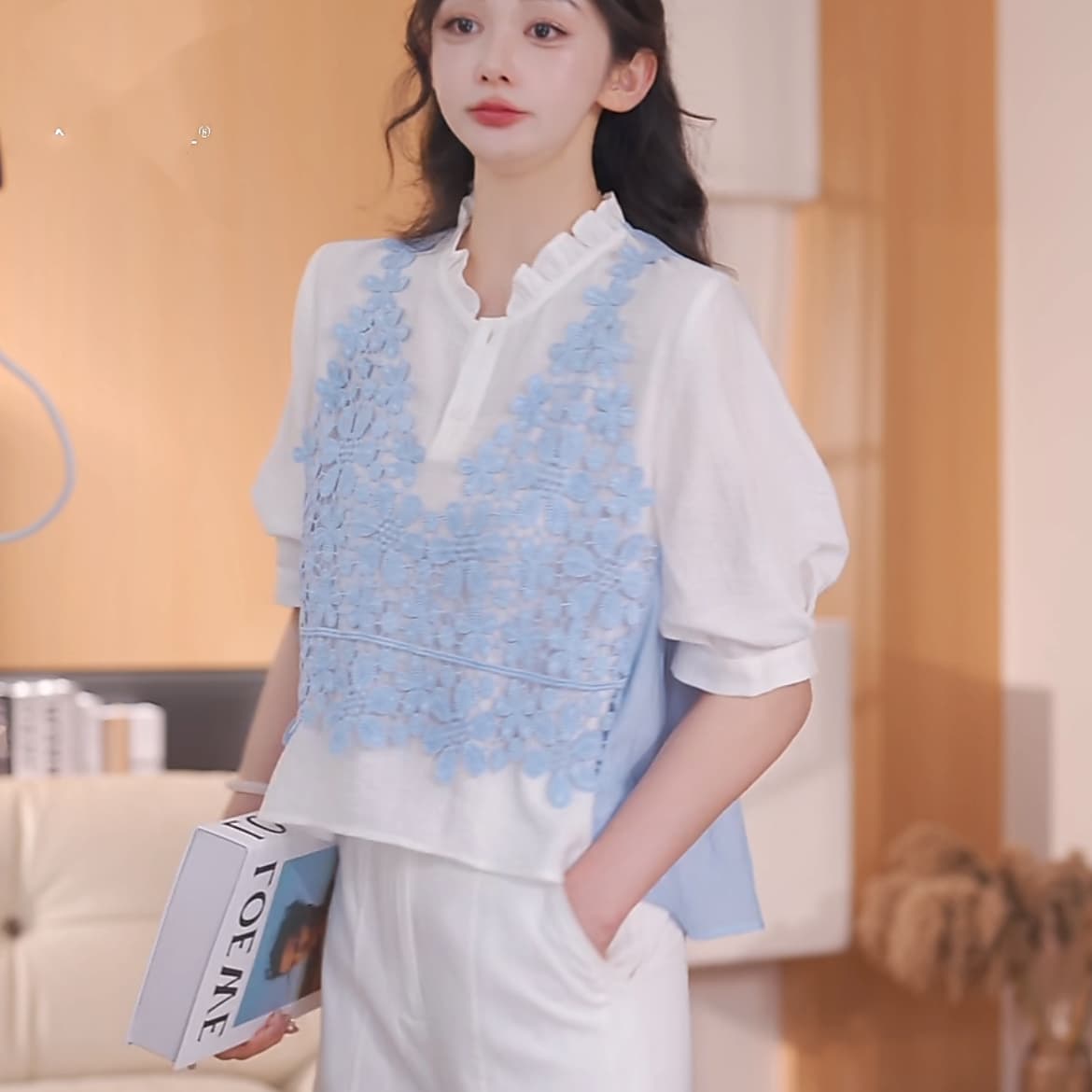 재고 있음 2026 여름 드레스 새로운 박하 디자인 센스 여성 패치워크 페이크 레이어드 반팔 셔츠 상세 이미지 2