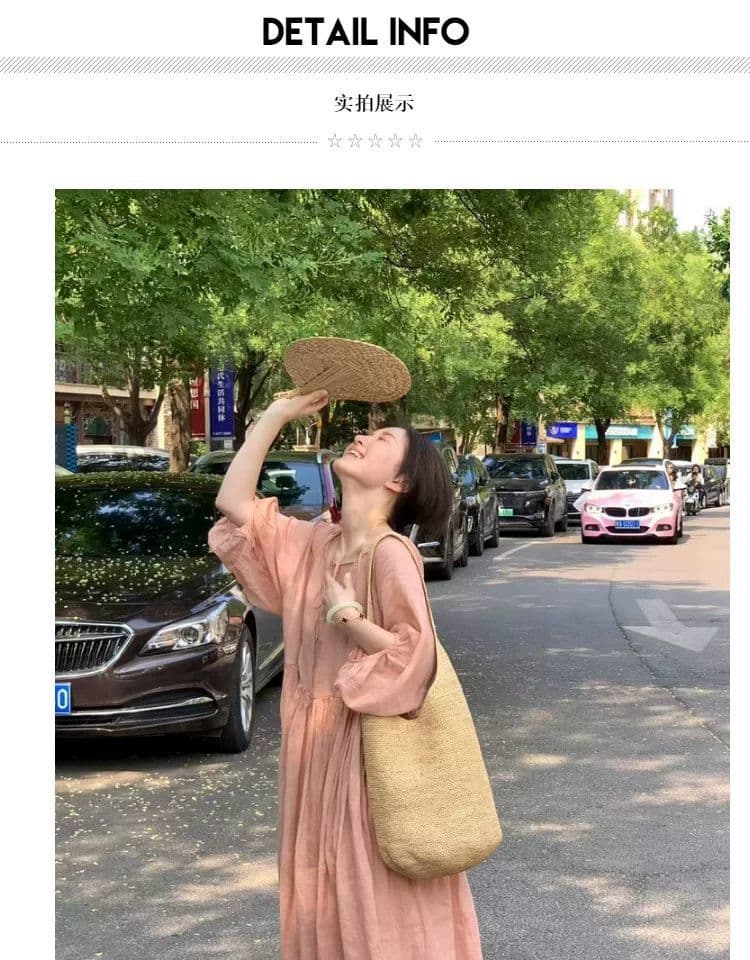 재고 있음 여름 드레스 새로운 빅 사이즈 여성 의류 핑크색 라미 빅 사이즈 V넥 레이스업 드레스 루즈핏 여성 치마 상세 이미지 6