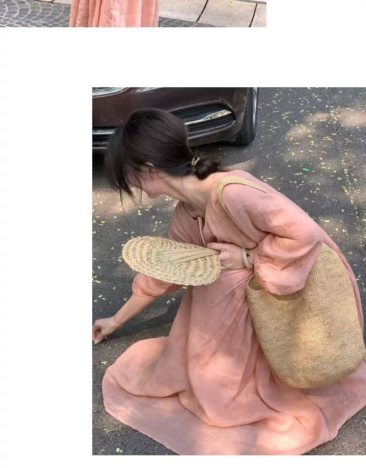 재고 있음 여름 드레스 새로운 빅 사이즈 여성 의류 핑크색 라미 빅 사이즈 V넥 레이스업 드레스 루즈핏 여성 치마 상세 이미지 8