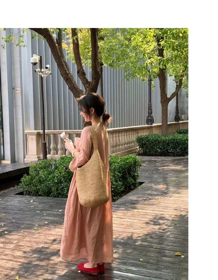 재고 있음 여름 드레스 새로운 빅 사이즈 여성 의류 핑크색 라미 빅 사이즈 V넥 레이스업 드레스 루즈핏 여성 치마 상세 이미지 9