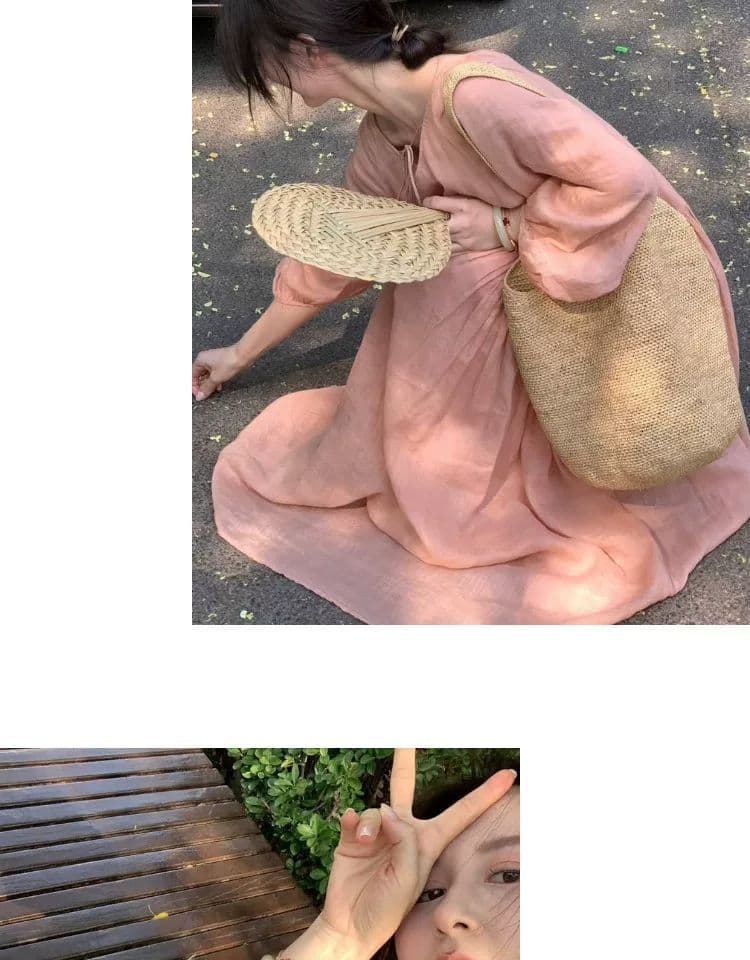 재고 있음 여름 드레스 새로운 빅 사이즈 여성 의류 핑크색 라미 빅 사이즈 V넥 레이스업 드레스 루즈핏 여성 치마 상세 이미지 15