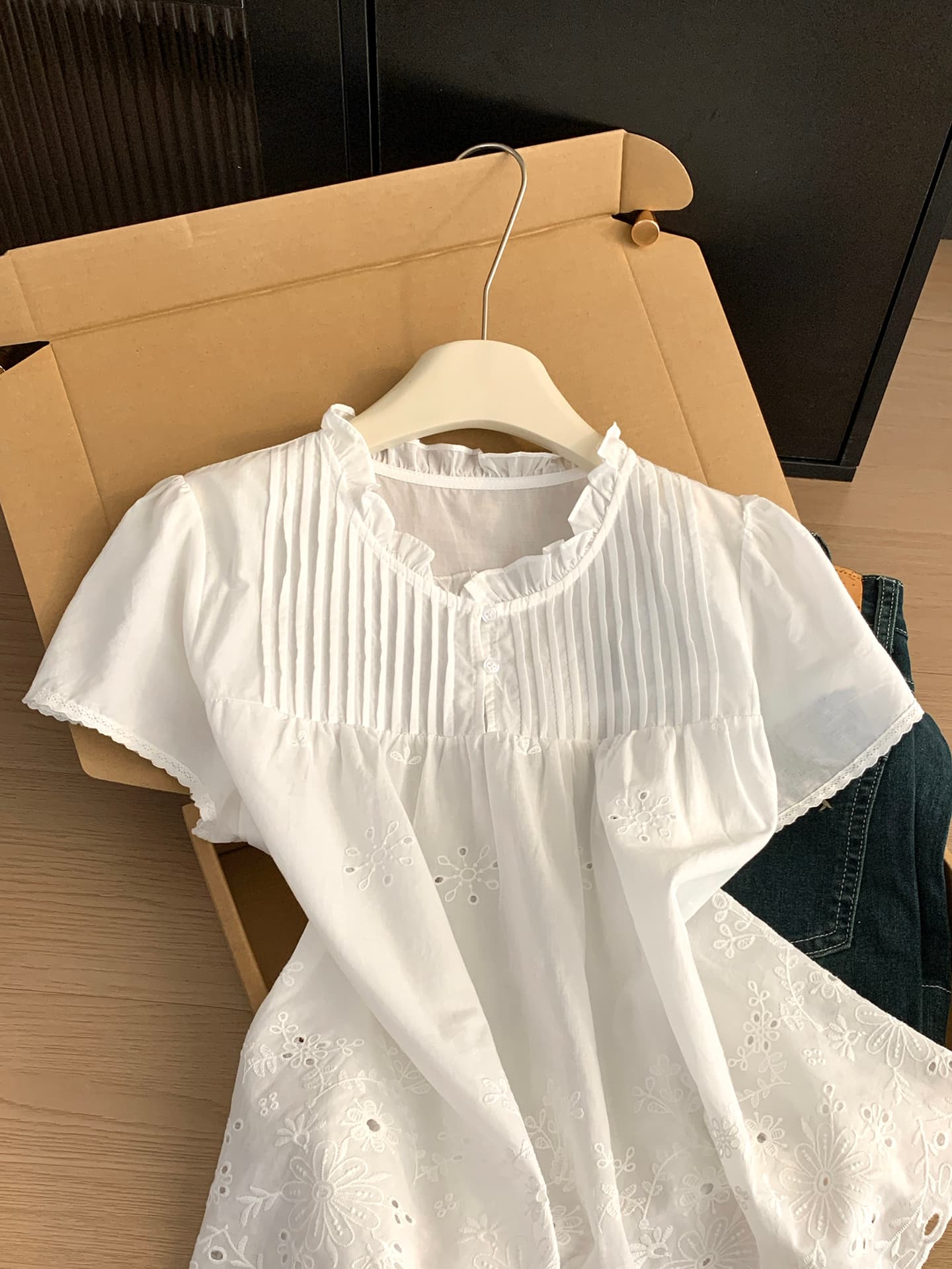 실사 통제 가격 20 달콤함 화이트 홀로우 아웃 자수 인형 셔츠 여성 여름 루즈핏 프릴 레이스 셔츠 맨위 상세 이미지 3