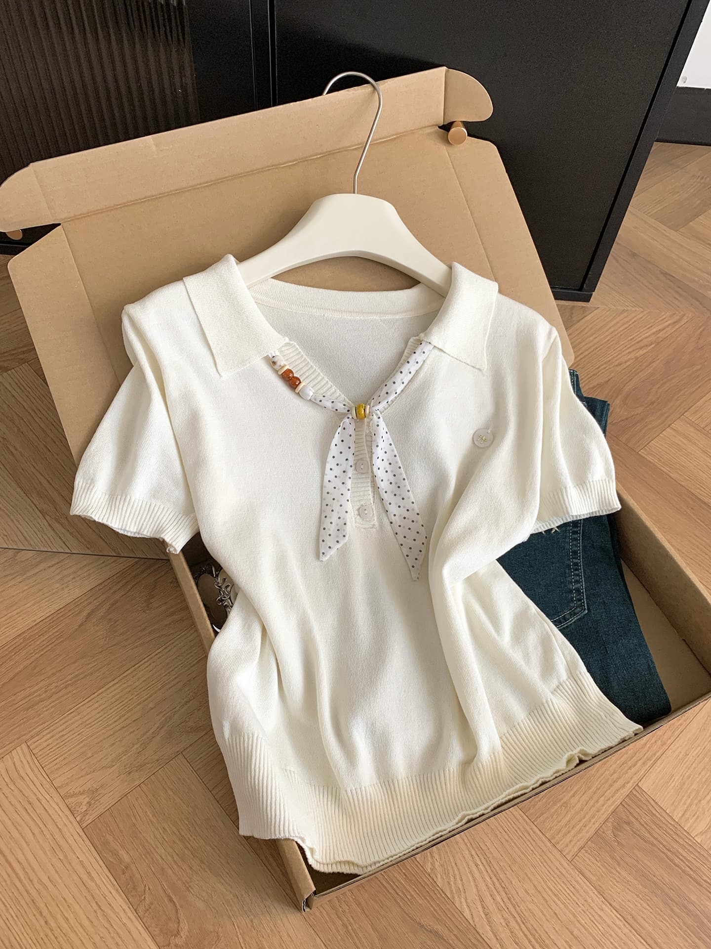 실사 통제 가격 20 한 부서 출퇴근 바람 도트 무늬 스카프 니트 반팔 여성 여름 프랑스식 화이트 POLO 칼라 맨위 상세 이미지 2