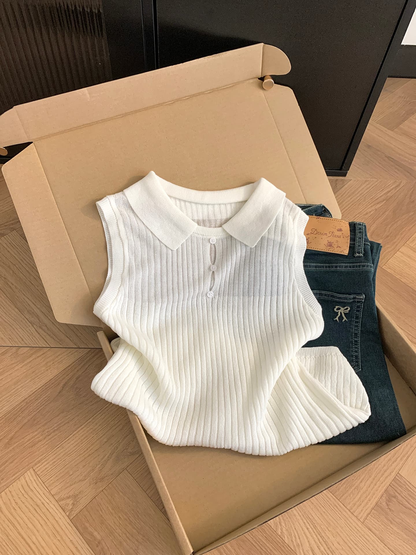 실사 통제 가격 20 한 부서 화이트 POLO 칼라 홀로우 아웃 니트 조끼 여성 여름 얼음 실크 구덩이 기사 민소매 맨위 상세 이미지 6