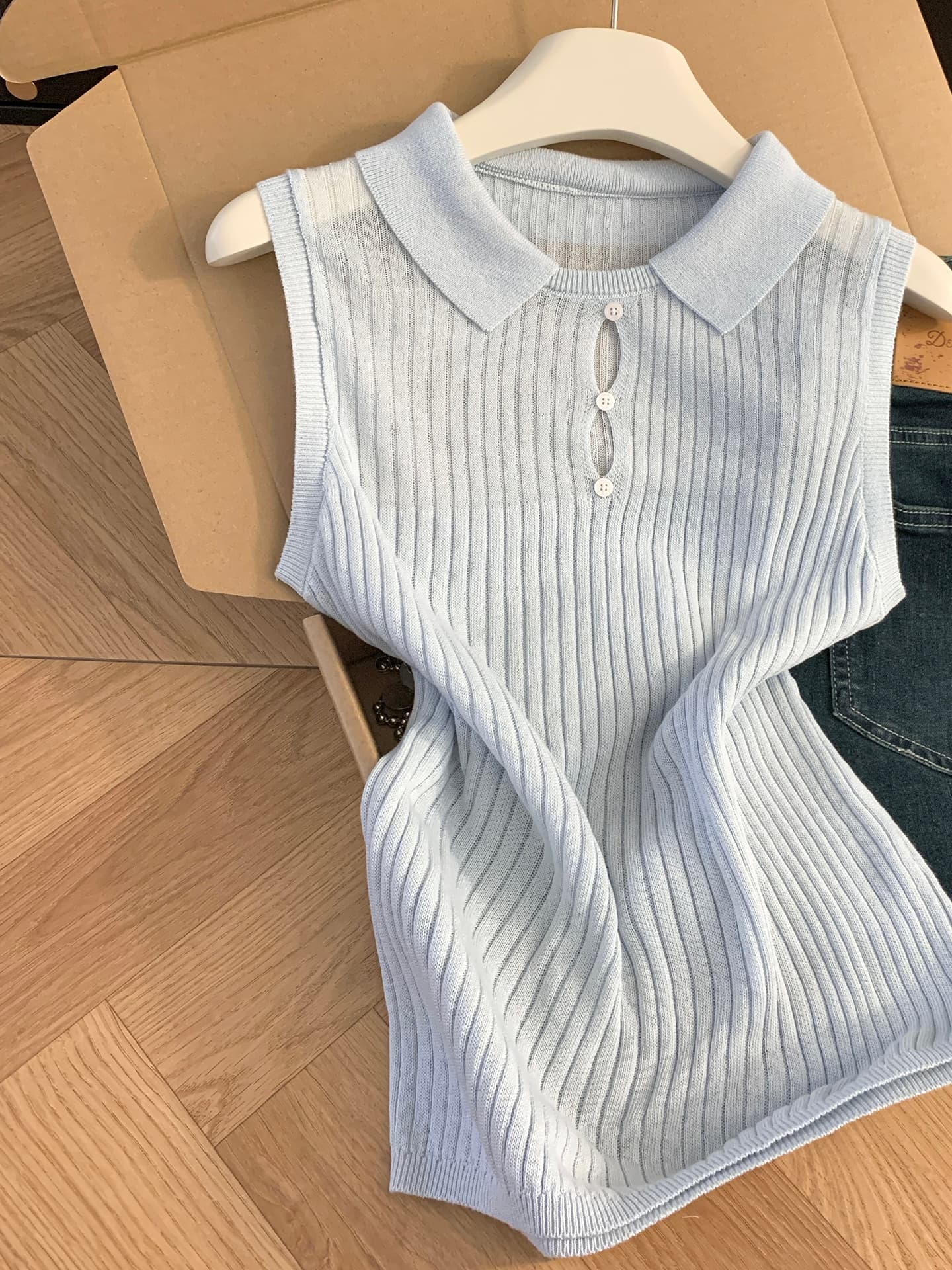 실사 통제 가격 20 한 부서 화이트 POLO 칼라 홀로우 아웃 니트 조끼 여성 여름 얼음 실크 구덩이 기사 민소매 맨위 상세 이미지 12