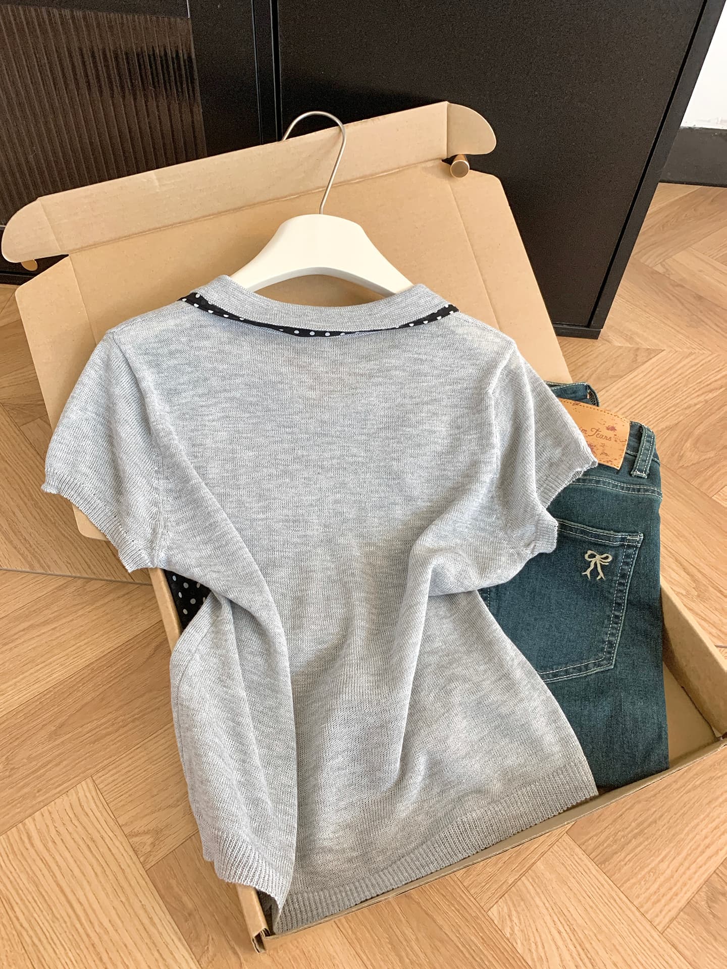 실사 통제 가격 20 한 부서 도트 무늬 리본 POLO 칼라 반팔 니트 스웨터 여성 여름 디자인 센스 슬림해 보이는 맨위 상세 이미지 7