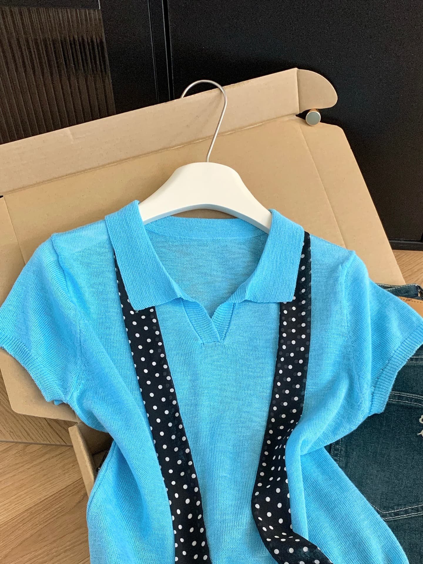 실사 통제 가격 20 한 부서 도트 무늬 리본 POLO 칼라 반팔 니트 스웨터 여성 여름 디자인 센스 슬림해 보이는 맨위 상세 이미지 9