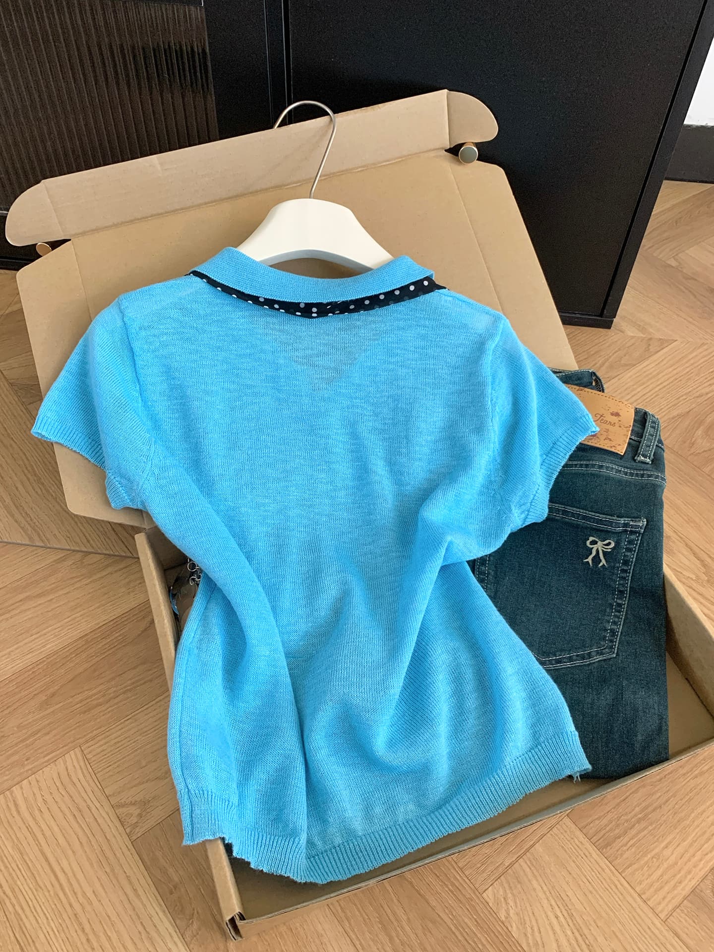 실사 통제 가격 20 한 부서 도트 무늬 리본 POLO 칼라 반팔 니트 스웨터 여성 여름 디자인 센스 슬림해 보이는 맨위 상세 이미지 12
