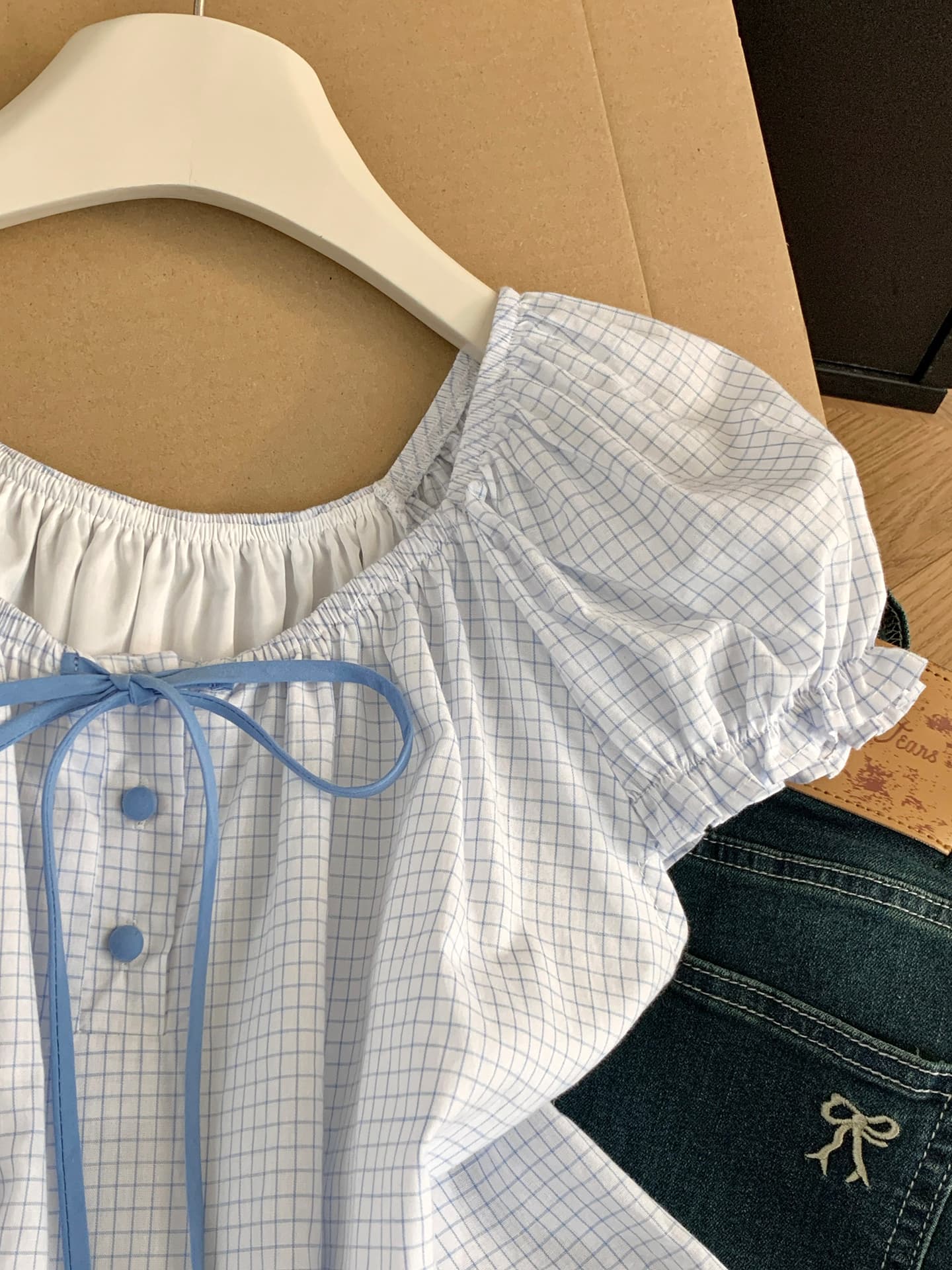 실사 통제 가격 20 한 부서 달콤한 스타일 오프숄더 체크무늬 여성 셔츠 여름 나비 넥타이 꽃밭 맨위 상세 이미지 14