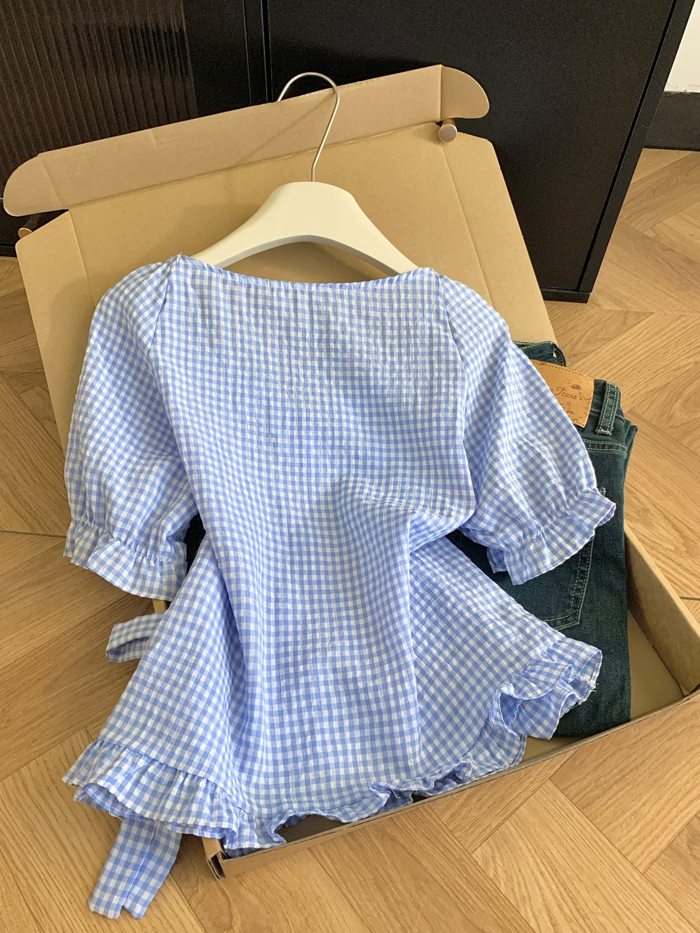 실사 통제 가격 20 프랑스식 파란색 체크무늬 거품 소매 여성 셔츠 여름 V넥 스트랩 허리 수축 프릴 맨위 상세 이미지 7