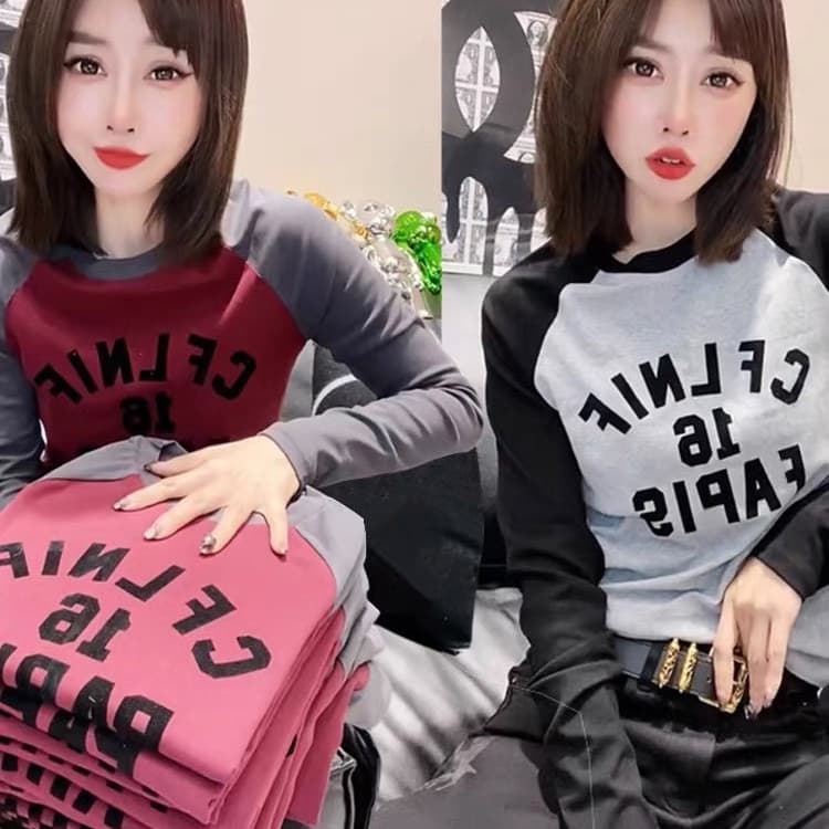 아메리칸 삽입 어깨 긴팔 티셔츠 여성 봄 가을 패션 알파벳 프린트 패치워크 기본 셔츠 몸매 가꾸기 슬림해 보이는 맨위 이미지 4